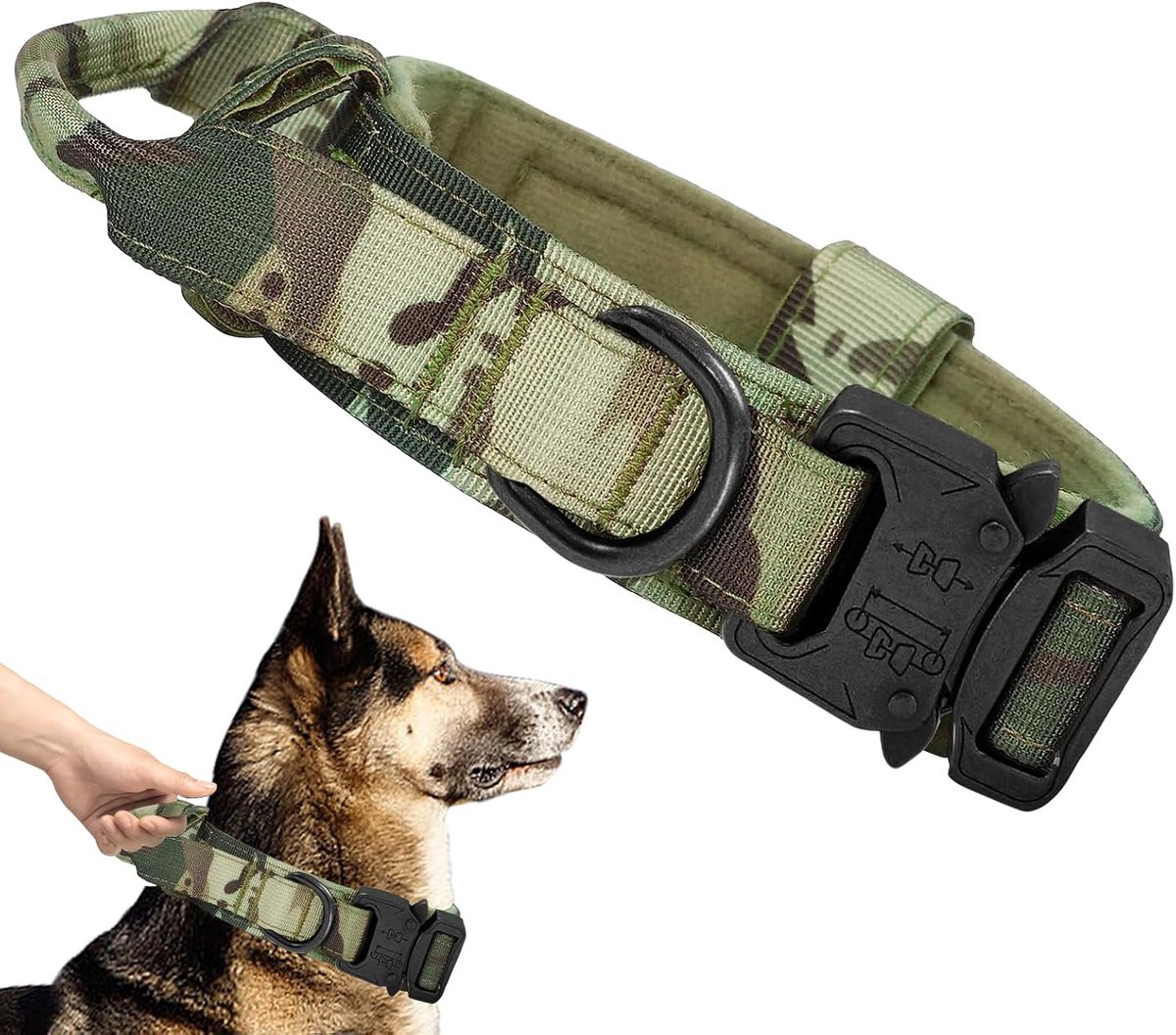 Tactische hondenhalsband, zacht gevoerde verstelbare nylon hondenhalsband met controlegreep, metalen gesp voor middelgrote en grote honden, jacht, training, vrije tijd, outdoor (camouflage, M)