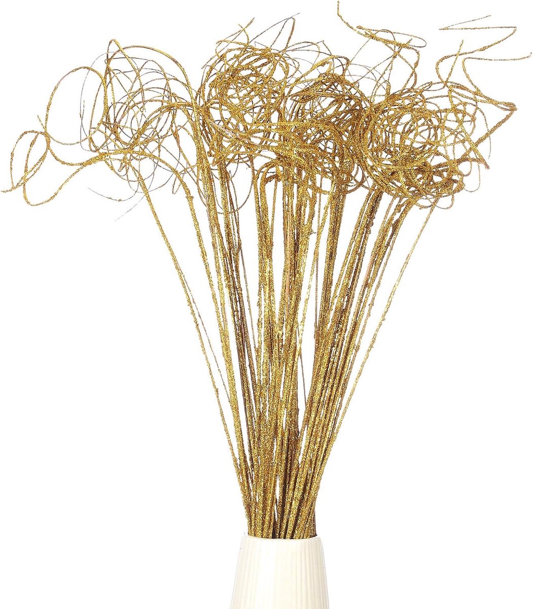 Glitter Krullende Tak, 60 Stks Natuurlijke Gedroogde Wilg Takken Takjes Kerstboom Picks Stam Ornamenten voor Thuis Keuken Bruiloft DIY Ambachten Krans Vazen Decor Gift, Goud