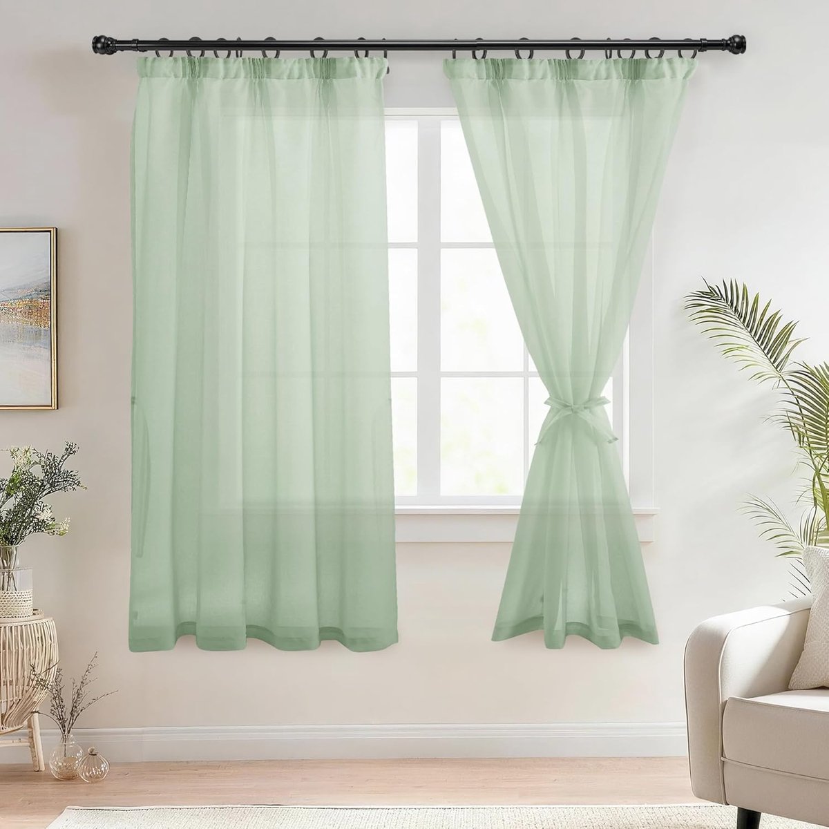 Voile gordijnen met plooiband, linnenlook, 2 stuks, halftransparant, gordijnen voor woonkamer, doorzichtige gordijnen, groen, 175 x 140 cm (hoogte x breedte)