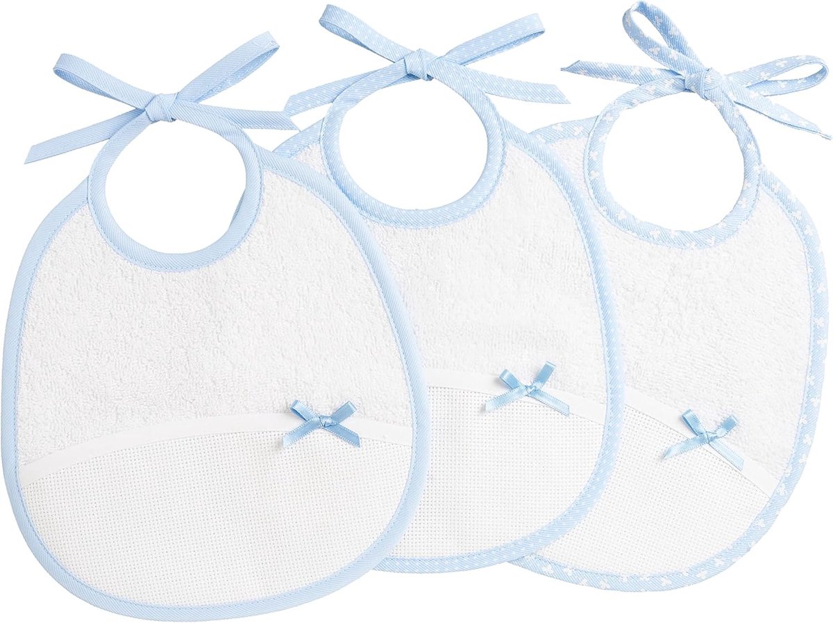 - Set van 3 babyslabbetjes van witte katoenen spons met zak van Aida-stof om te borduuren, beschermt jurken tegen vorst, oprispingen en speeksel, Wit en hemelsblauw, Ovale
