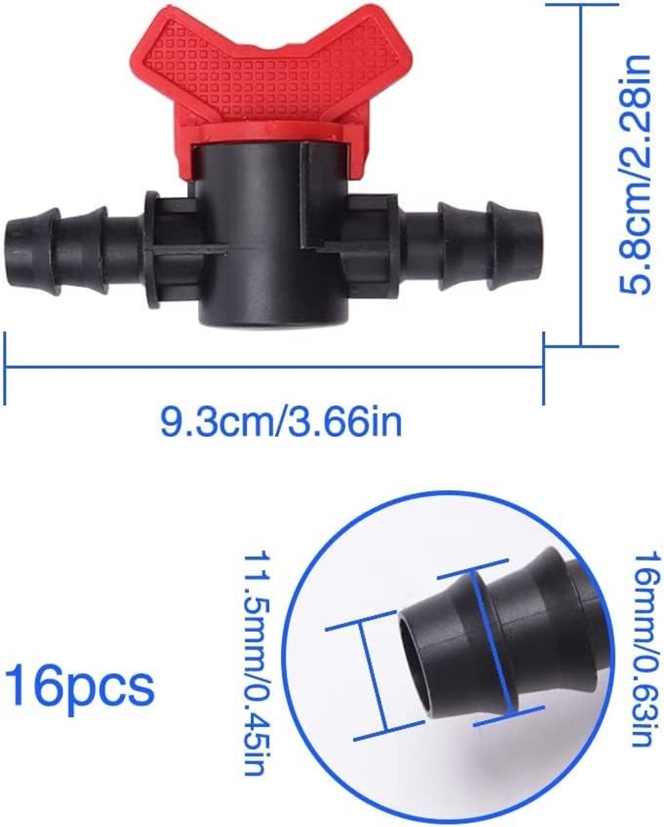 - 16 stuks druppelirrigatie-schakelaarventiel, 16 mm, buisventielschakelaar 16 mm, tuinbuisventielschakelaar, bediening voor tuinirrigatie