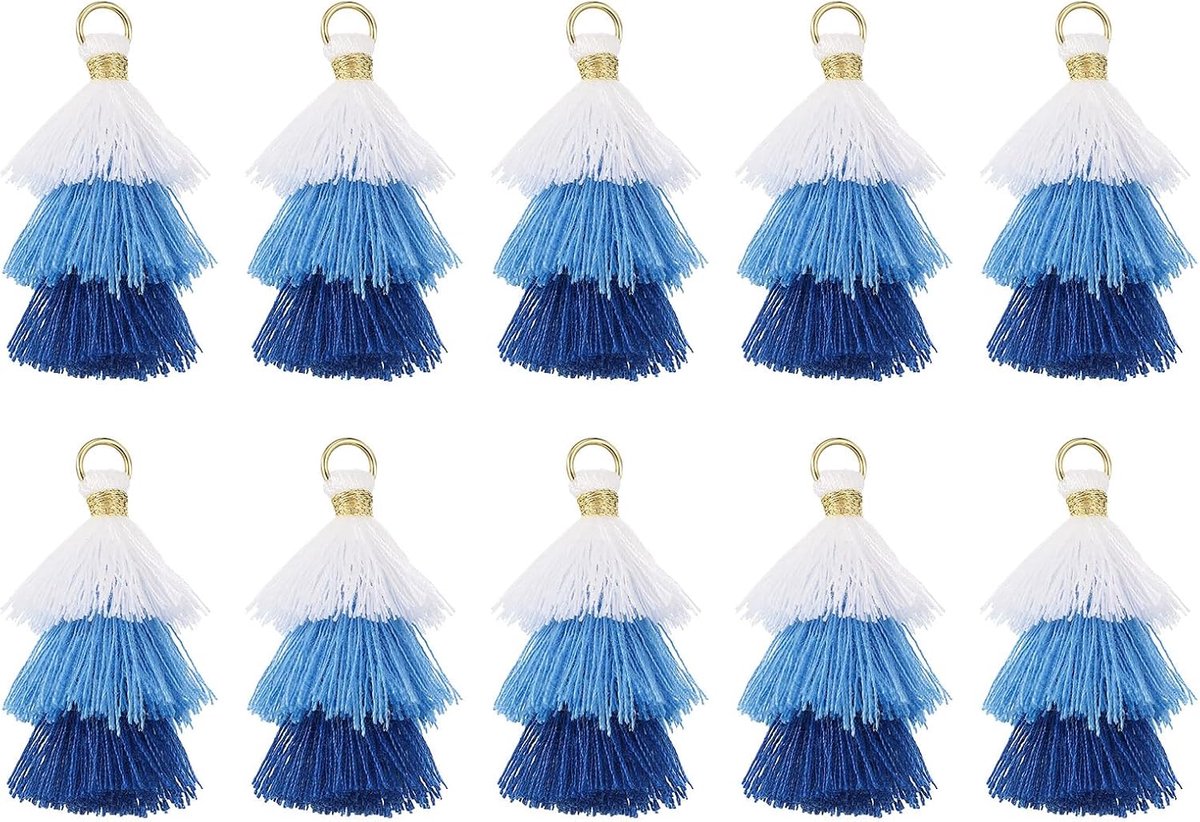 10 stuks kleine drielaagse kwasten, 4,6 cm, mini-tashanger, Boheemse handgemaakte kwasten, sleutelhangers voor doe-het-zelf projecten, sieraden maken (wit/blauw/donkerblauw)