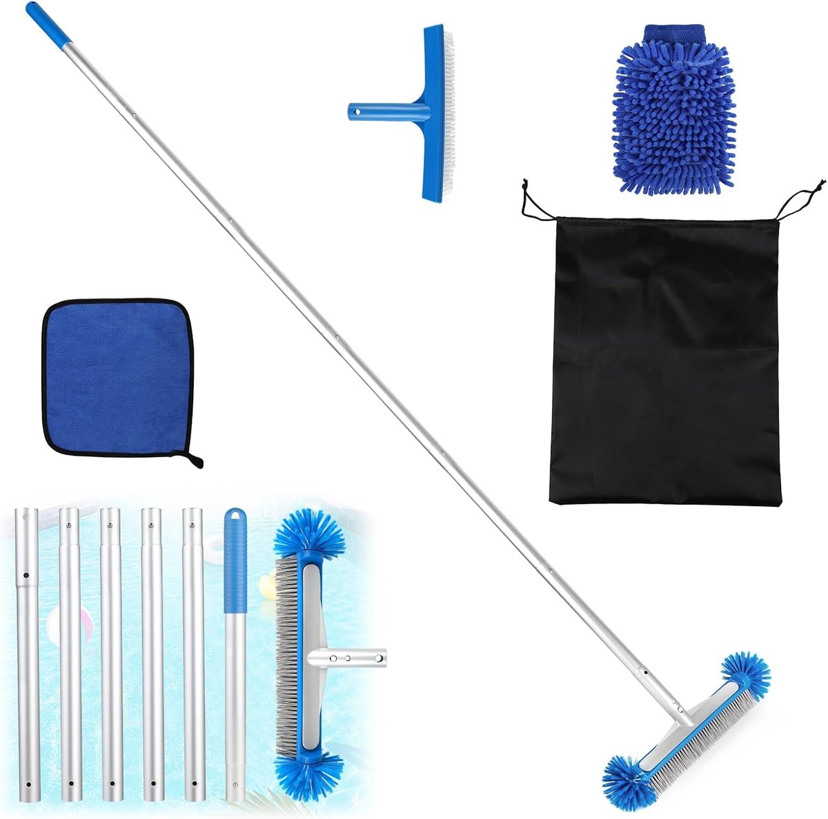 Ronde zwembadborstel, 210 cm, verstelbaar, aluminium stang, verstelbaar, reinigingsborstel voor badkamer en vloeren, scrubber voor badkamer, zwembad, keuken, tegels (set D)