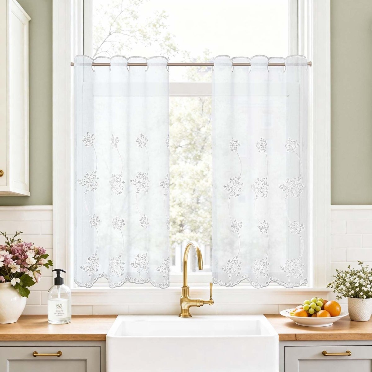 Geborduurde bloemen witte keukengordijnen, met linnen uitstraling, lichtfilterend, gordijnen voor café, oogje onder de gootsteen, 2 panelen voor kleine kast, ramen, slaapkamer, woonkamer, br