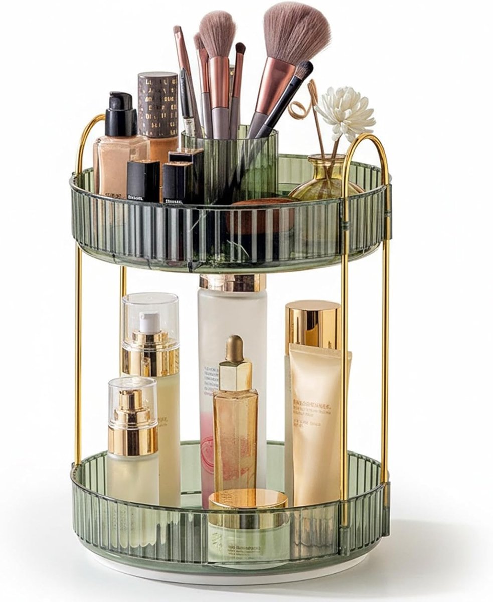 Make-up cosmetica-organizer: 360° rotatie, 2-traps grote capaciteit make-up opslag, multifunctioneel rond draairek voor huidverzorging, commode, badkamerplank (groen-A)