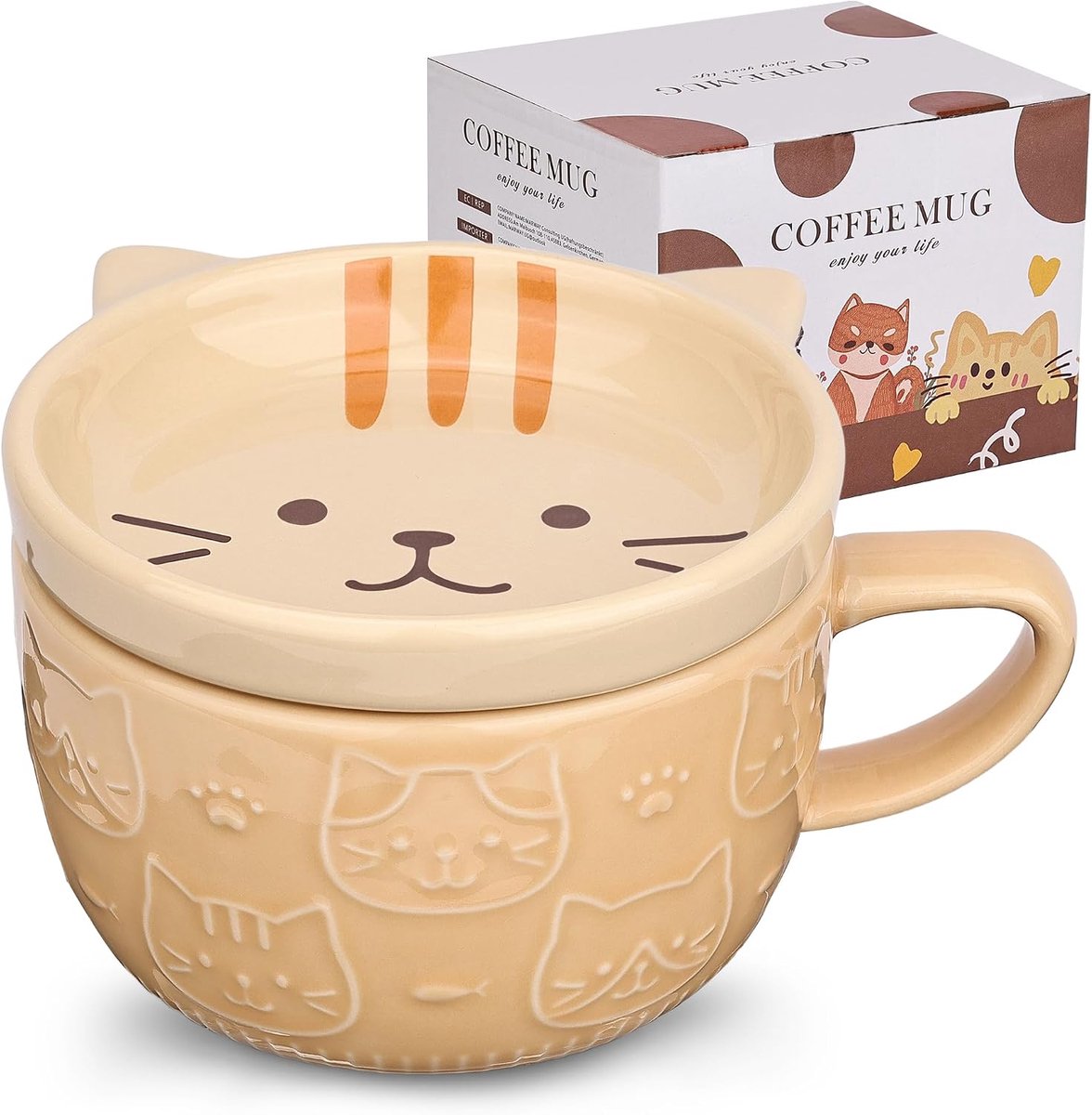 keramische kattenkoffiemok met deksel, koffiebeker of theebeker voor kattenliefhebbers, grappige nieuwigheid kat, ontbijt, mokken voor vrouwen, vrienden, kinderen, Kerstmis, verjaardag