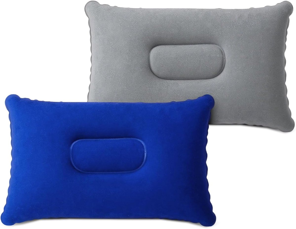 flintronic Klein campingkussen, 2 stuks, ultralicht opblaasbaar kussen, gevlokt luchtkussen, hoofdkussen voor kamperen en reizen, van zacht materiaal, 34 x 22 cm (koningsblauw + grijs)