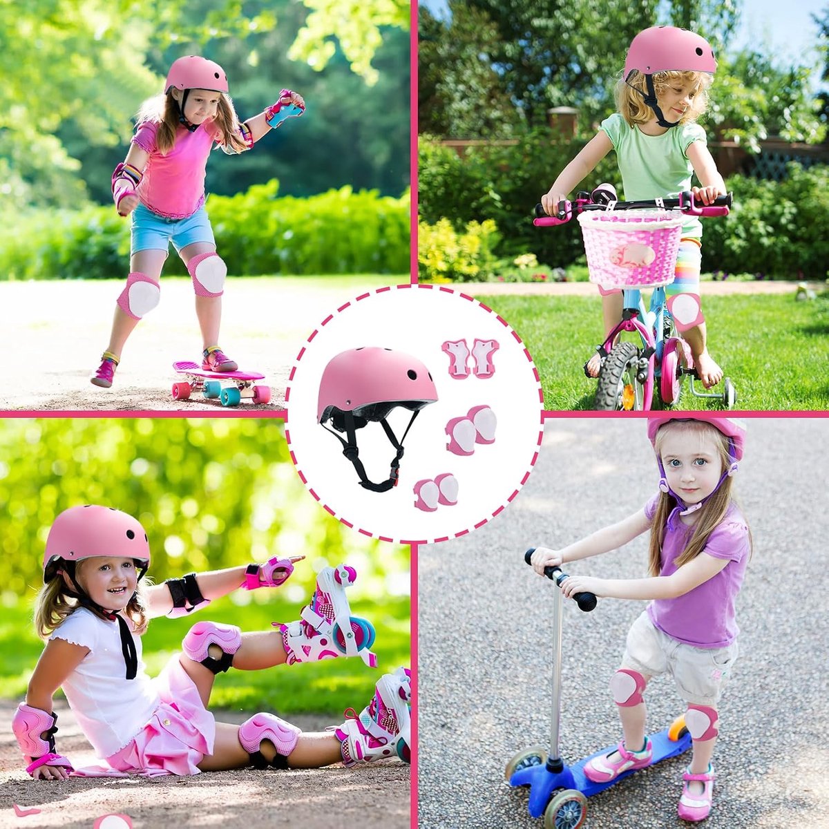 Kniebeschermers voor kinderen, met helm, beschermende uitrusting voor inline skates voor kinderen, ademend en verstelbaar, kniebeschermerset voor fiets, skateboard, scooter, roze