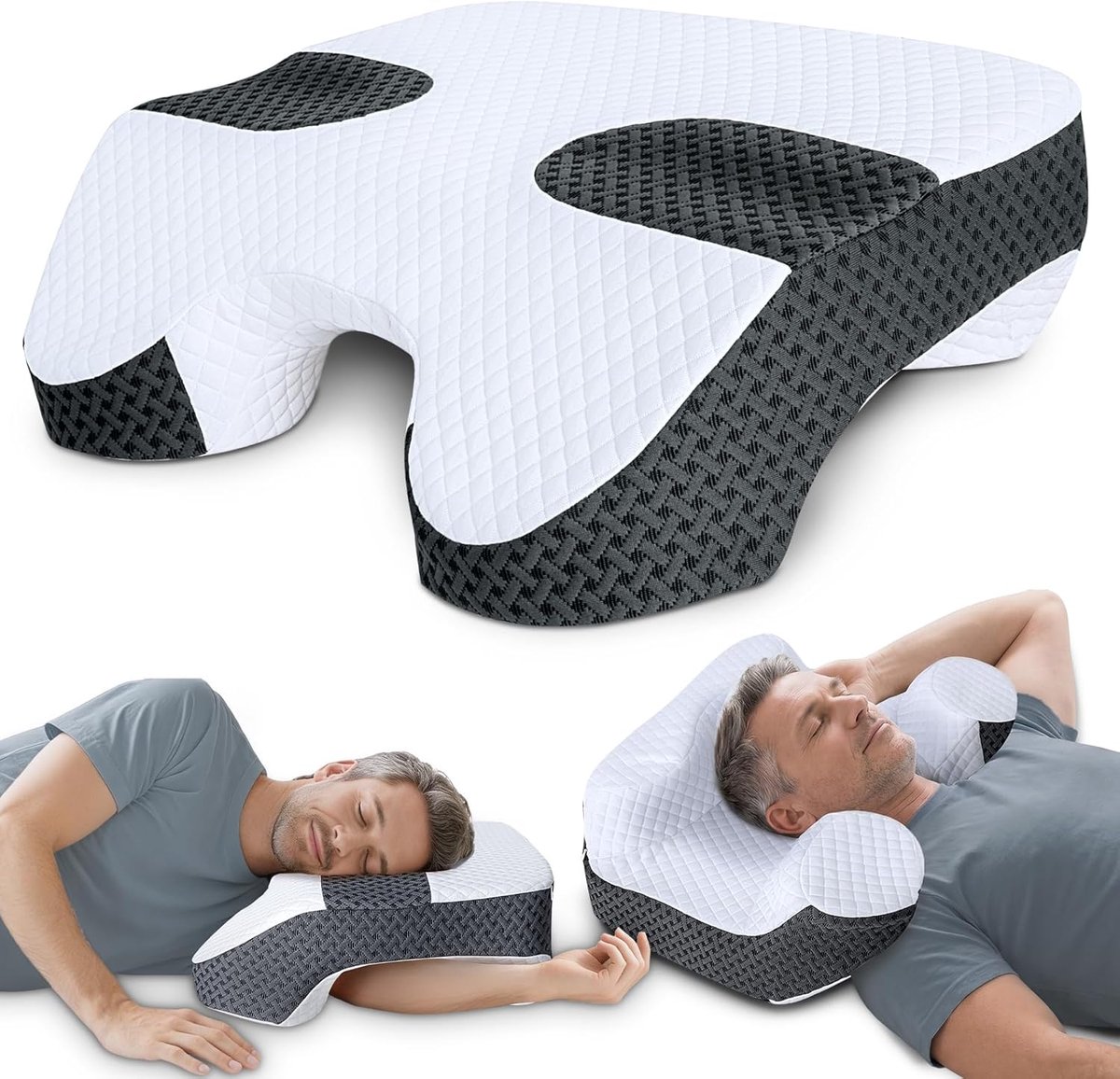 Zijslaapkussen met armgat, 2-in-1 ergonomisch orthopedisch hoofdkussen voor nek en schouder, traagschuim kussen met 3 armopeningen, voor zij-, rug- en buikligging, zwart