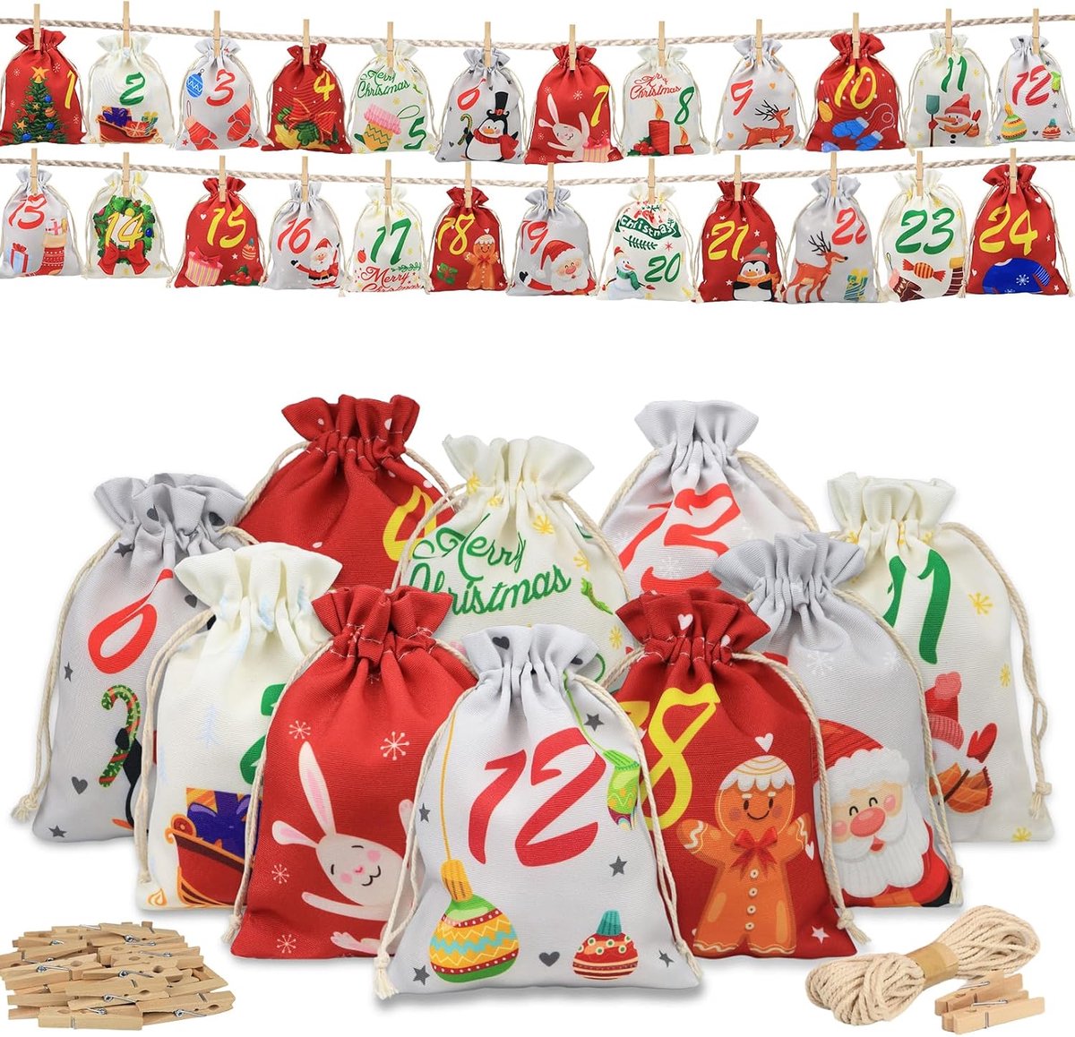 Adventskalender om te vullen met stof, 24 zakjes voor adventskalenders om zelf te vullen, stoffen zakjes voor kerstdecoratie voor kinderen, vrouwen, meisjes, kerstdecoratie DIY