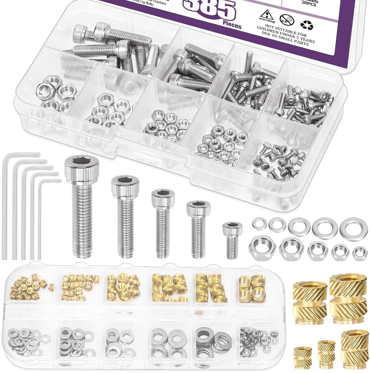385pcs 5 maten M2 M2.5 M3 M4 M5 Hex Socket schroeven en messing gedraad inserts met moeren Washers Hex sleutel assortiment kit, 304 roestvrij staal Socket hoofd schroeven