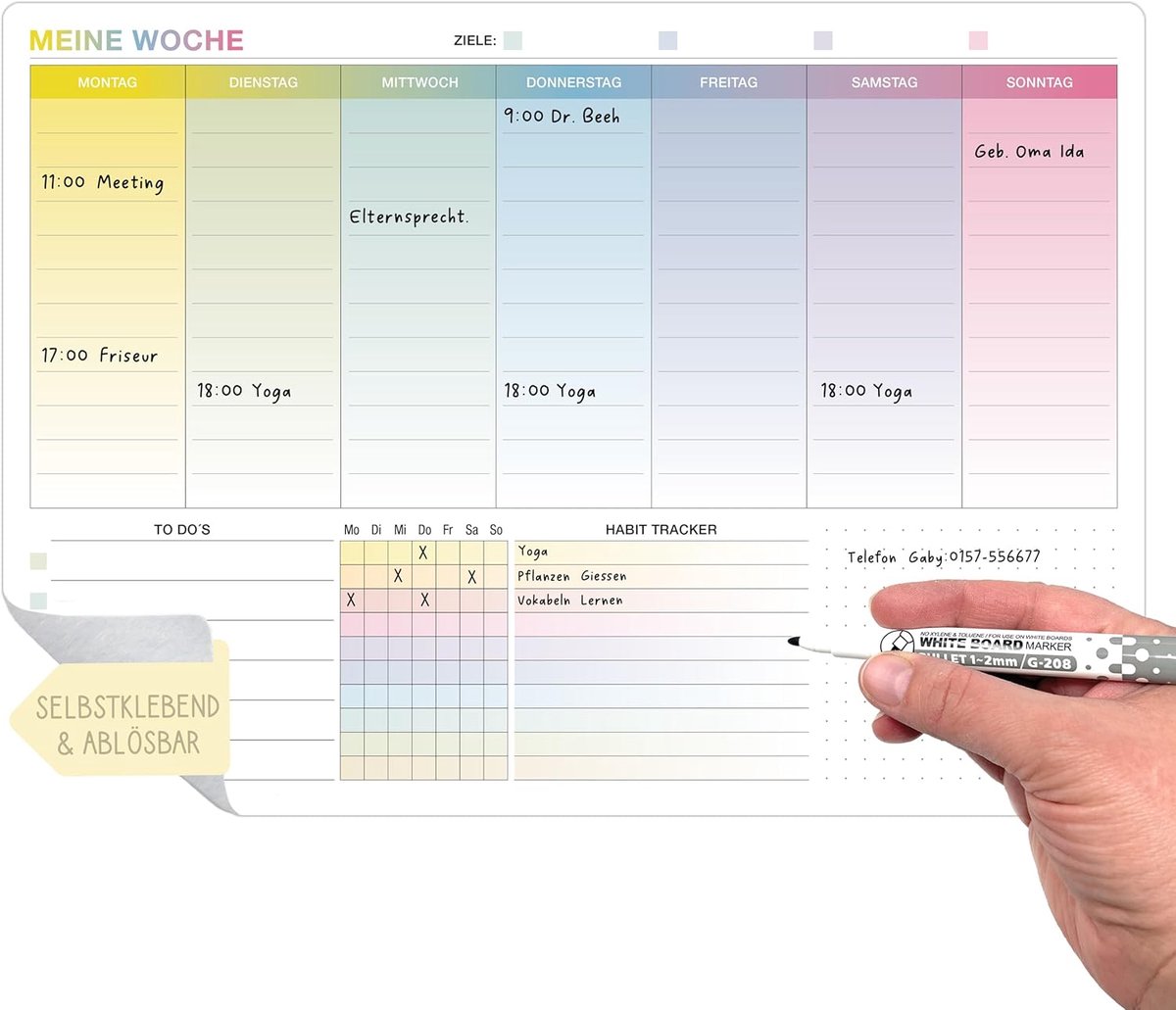 Whiteboard, weekplanner, afwasbaar, A4, zelfklevende planner, 30 x 21 cm, kalender met to-do-lijst en habit tracker, herbruikbare weekplanner voor muur en koelkast (planner inclusief pen)