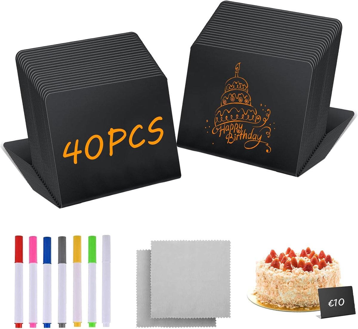 beschrijfbaar, 40 stuks | Buffetaccessoires, Met aquarelstiften, Met reinigingsdoek, Voor berichtenborden en prijskaartjes