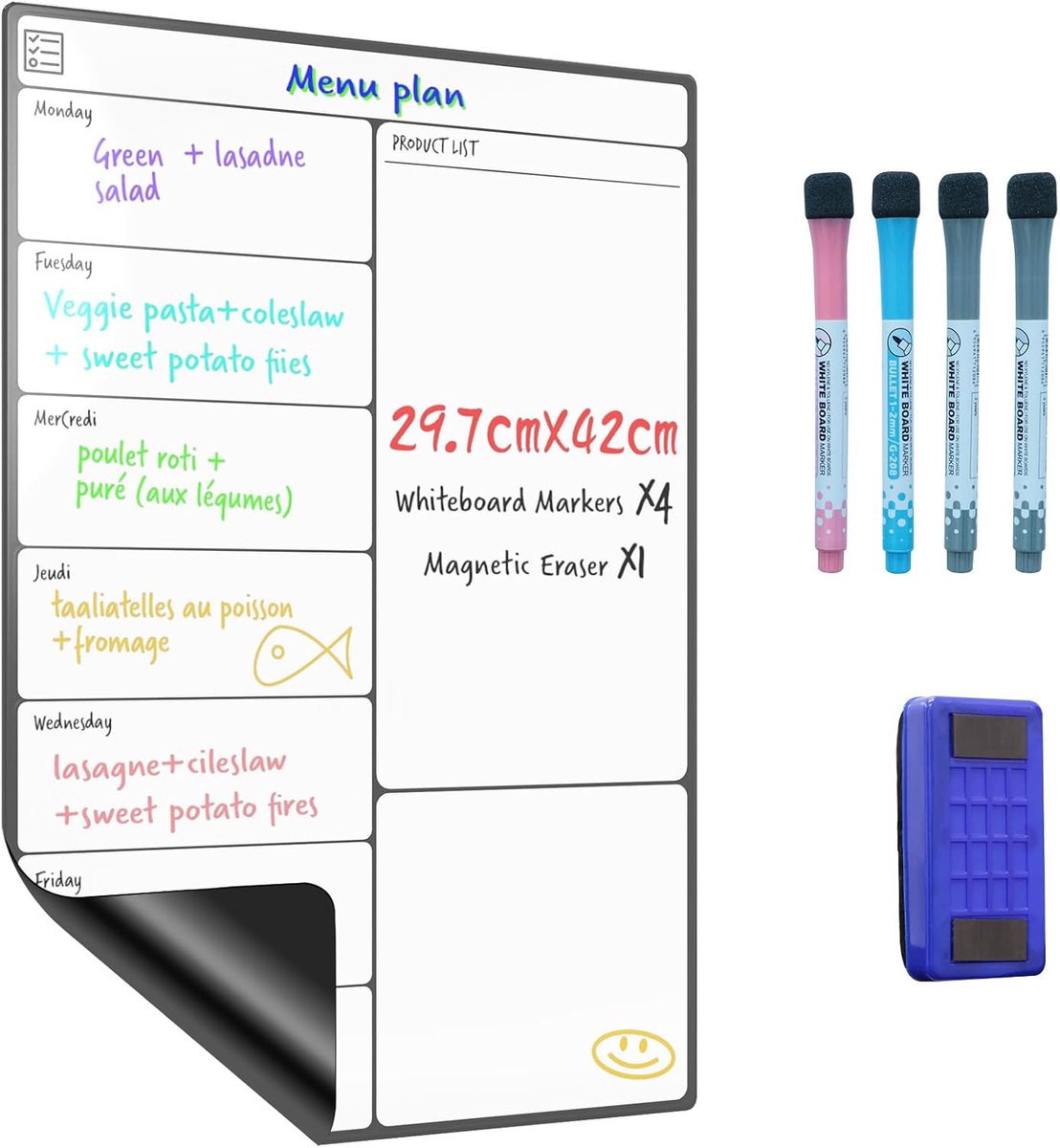 Magnetisch whiteboard voor koelkast A3, wekelijkse planner, droog wisbord voor taken, taken, takenlijsten, winkelen, maaltijdplanning voor thuis, kantoor, met 4 droogwispennen en wisser