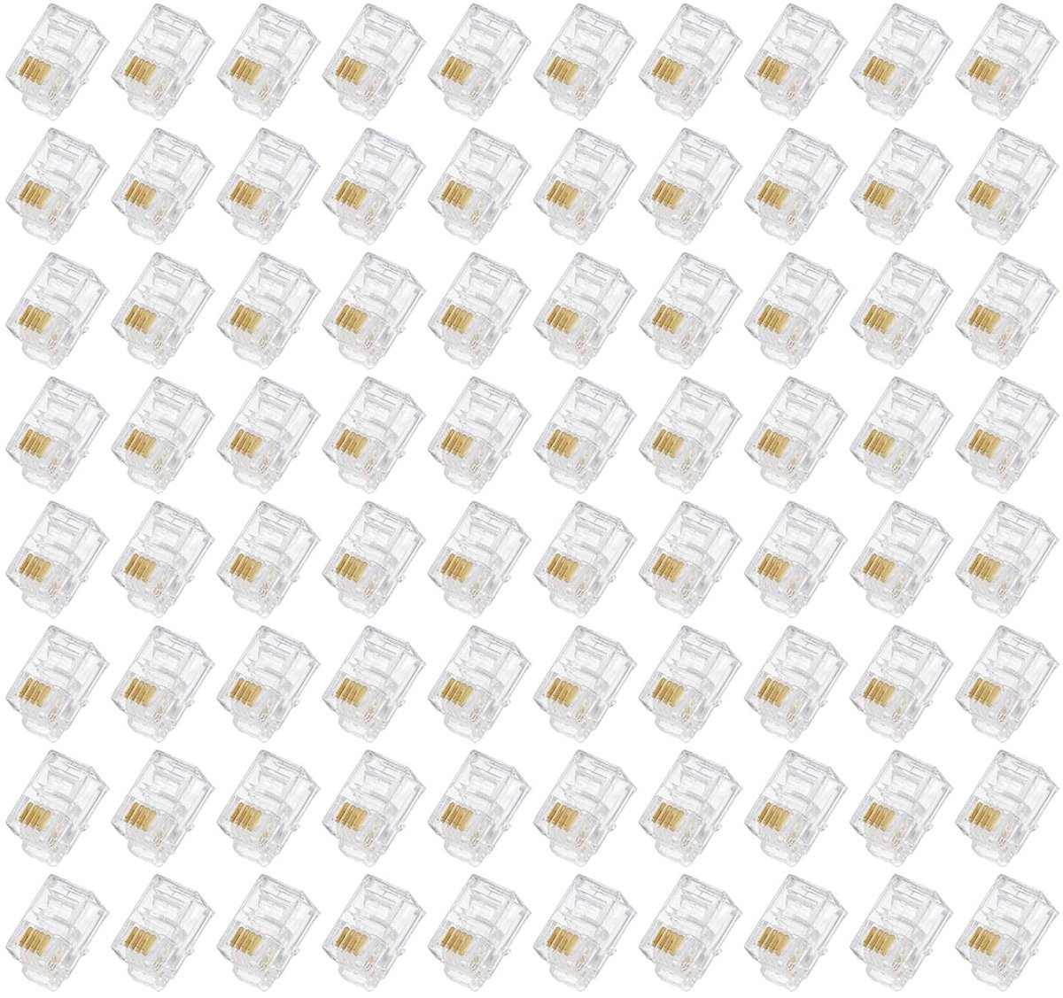 Connector RJ11 op modulaire stekker voor telefoon, koperen kern 4P4C, transparant, 80 stuks
