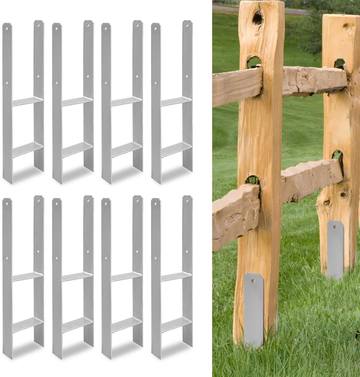 Set van 8 H-paalankers, 91 x 600 mm, H-paalhouders voor hek- en houten palen, robuuste H-ankers voor tuinhek, carport, paviljoen en houtbouwprojecten