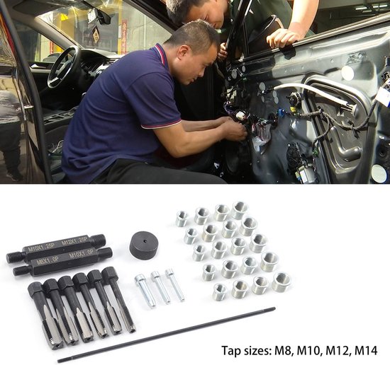 33 stuks schroefdraadreparatieset, stalen schroefdraad, reparatiegereedschap, voor auto M8, M10, M12, M14, gereedschapsset voor — afbeelding 3