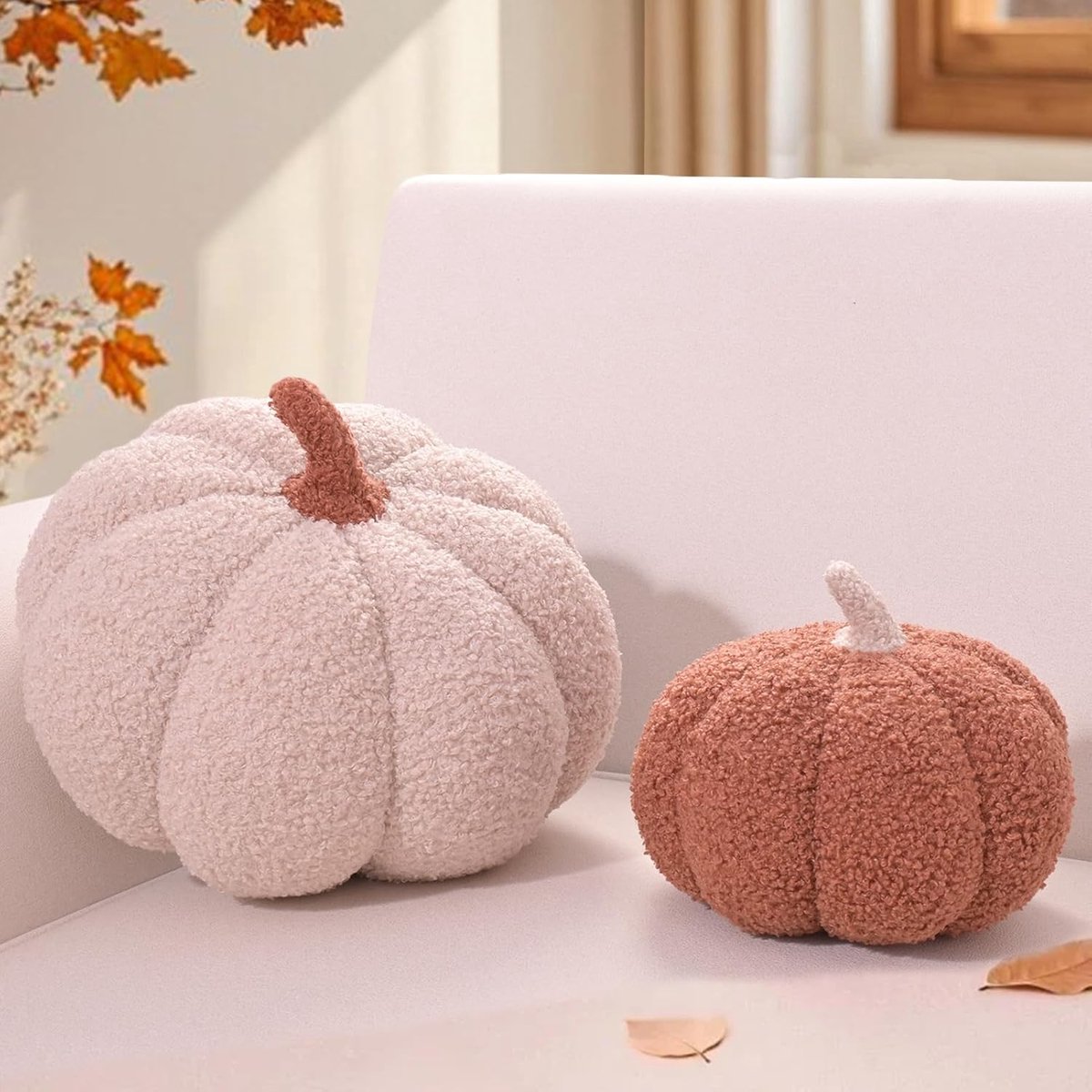 set van 2 pompoenvorm, decoratief kussen, pluche sierkussen, esthetische bankkussens, teddy, fleece, bed, knuffelkussen, rond, voor kinderen, slaapkamer, cadeau, 20 en 30 cm