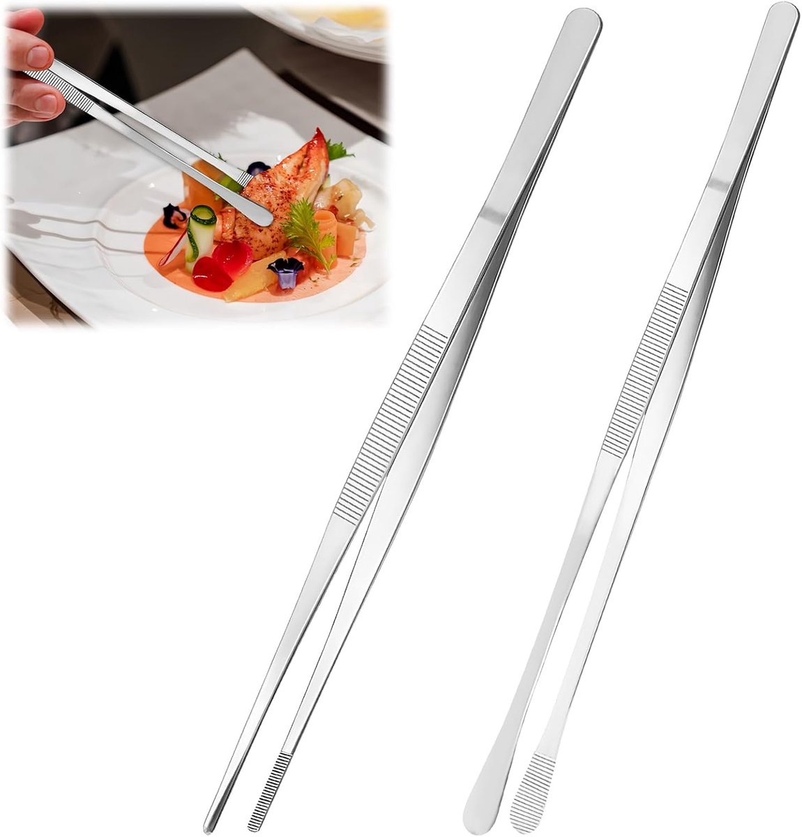 2 stuks 30 cm fijne pincetang - extra lange roestvrijstalen kookpincet voor braden, serveren en roerbakken - voor grillen, augurken speren en meer