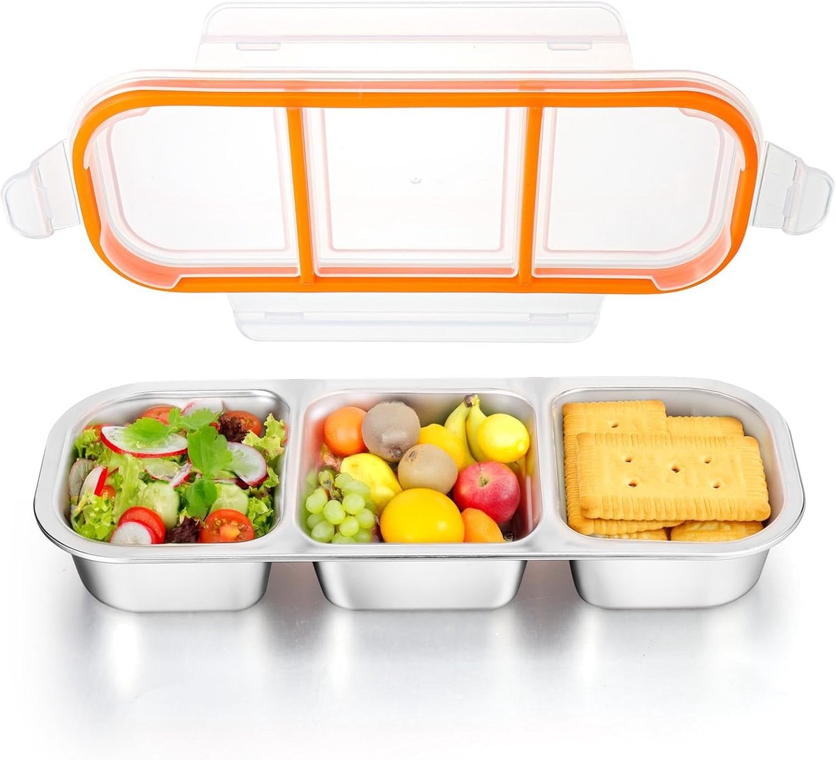 Snackbox met 3 vakken, roestvrij staal, lekvrije snackdoos met deksel, herbruikbaar roestvrij staal met vakken, vaatwasmachinebestendig, lunchbox, snackhouder voor kinderen, school, kantoor, reizen