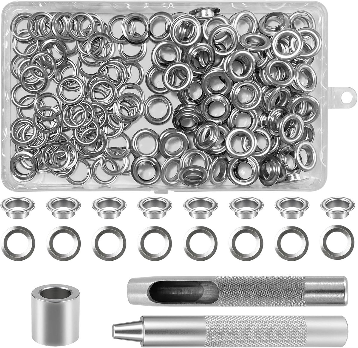 Gereedschapsset voor ogen, 120 stuks, 10 mm ogen, zilverkleurig, metalen ogen, schijven, oogtang met 3-delige gereedschapsset, oogtangset voor doe-het-zelf kleding, tent, waterdicht zeil