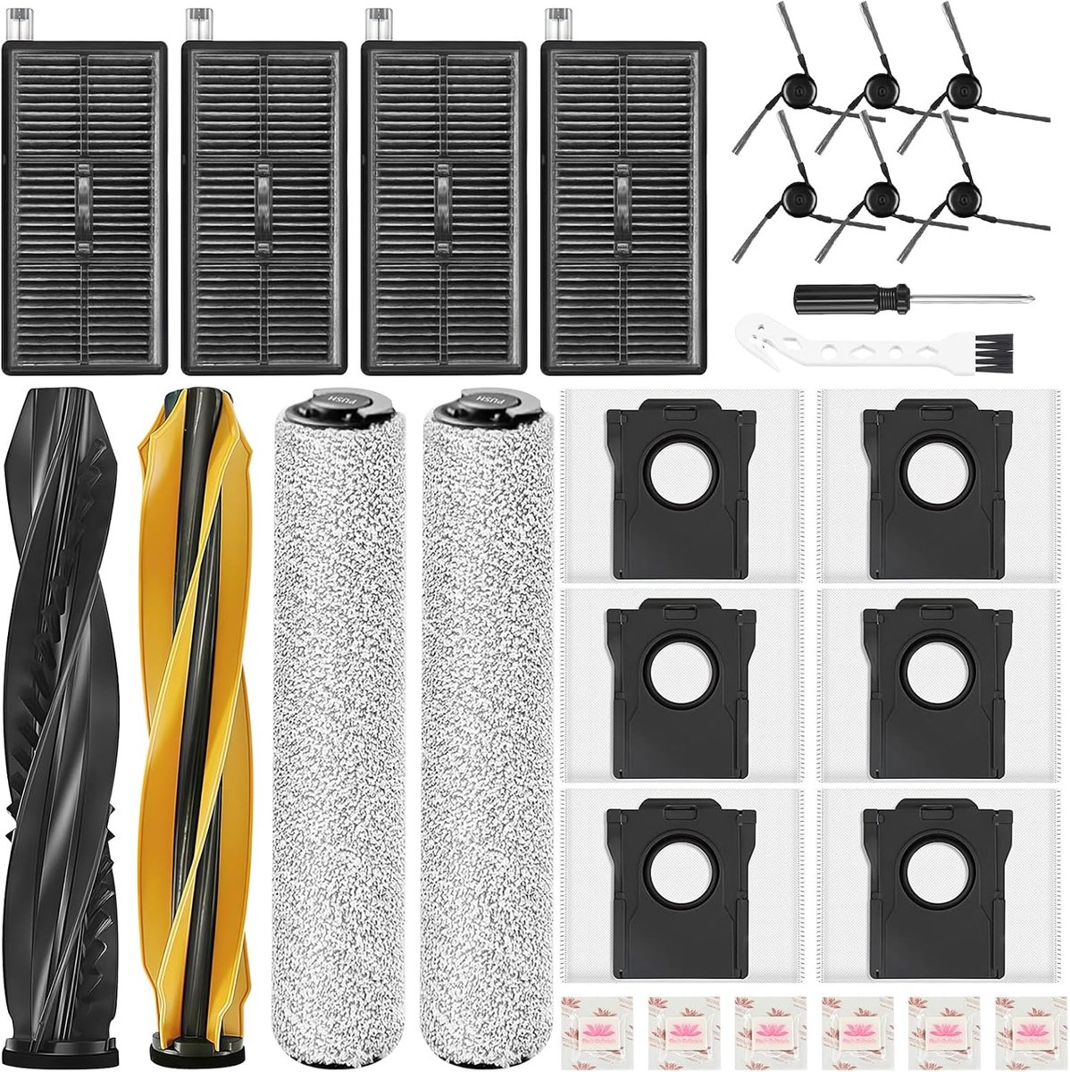 28 Pack vervangende onderdelen voor Dreame Aqua10 Ultra Roller Vacuum | Inclusief 2 hoofdborstels, 2 roldweilen, 4 filters, 6 zijborstels, 6 stofzakken, 6 geurtabletten