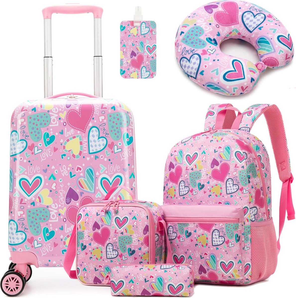 5-delige kinderkoffer, kindertrolley met rugzak, nekkussen, lunchtas, etui en kofferhanger, kinderbagage met wielen, handbagage, reiskoffer, harde koffer voor meisjes, 31 x 19.5 x 40.5 cm
