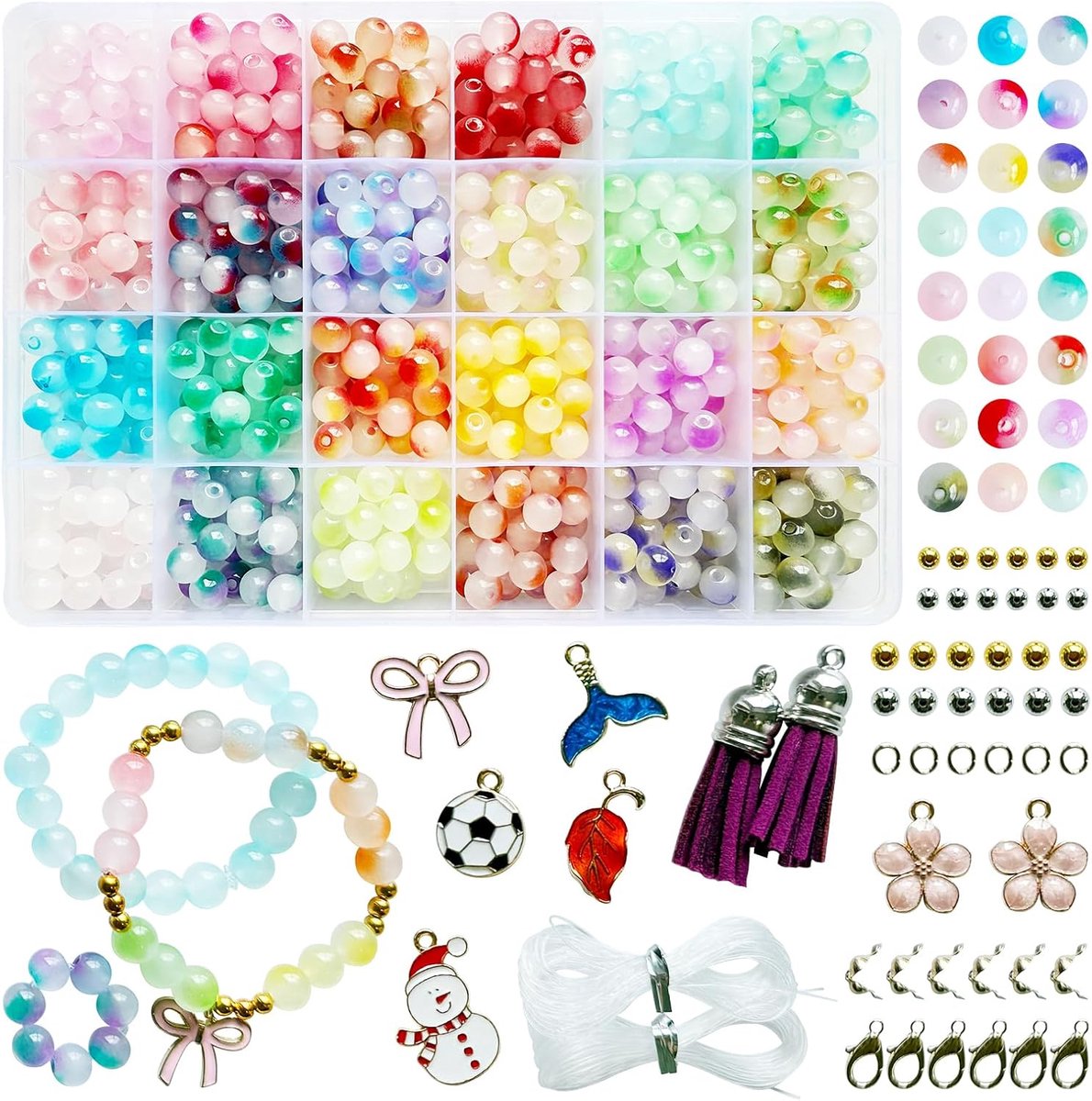 Kralen voor armbanden maken kit 8 mm rond met gat, 24 kleuren doe-het-zelf sieraden benodigdheden met afstandhouder en elastisch koord, ambacht voor ketting, armband, doe-het-zelf