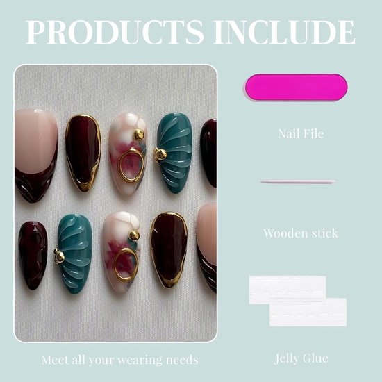 10 Stk Press On Nails, Handgemaakte Fake Nagels Amandel, Herbruikbare Acrylnagels voor vrouwen, Beginners voor feesten, reizen, dagelijks gebruik (Bruin, M) — afbeelding 4