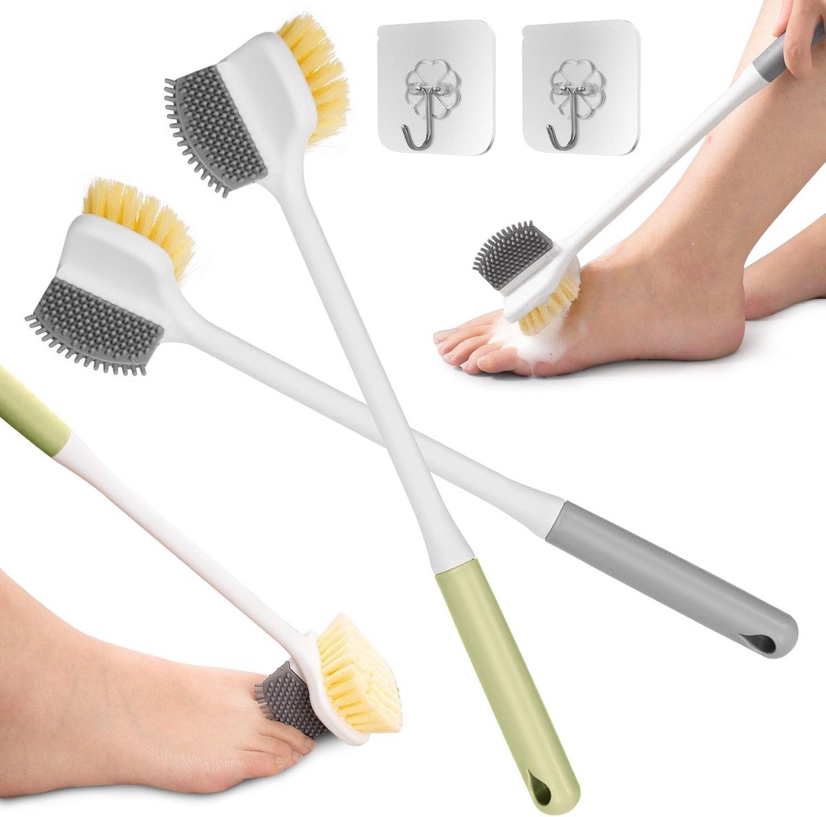 Voetborstel voor de douche, multifunctionele voetwasborstel, voetborstel met lange steel, reinigingsborstel, teenspleet, peeling voor douche, doucheborstel voor senioren, grijs + groen