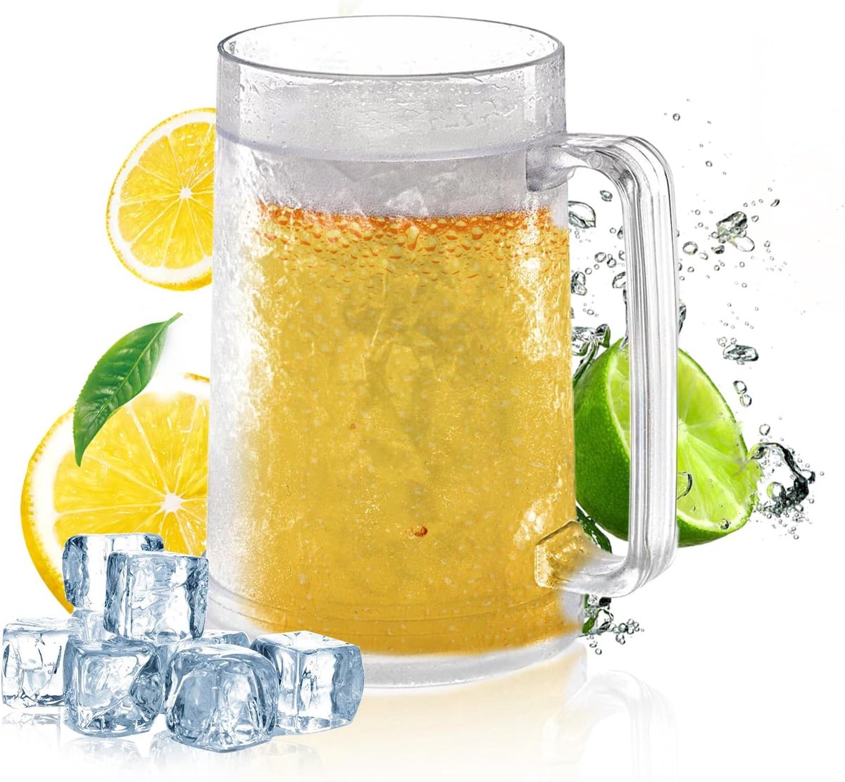 Bierglazen 0,4 liter, dubbelwandige drinkbeker, bierpul met handvat, Beer Freezer mok, bierpull, plastic, koelbeker voor dranken (helder puin, 450 ml)