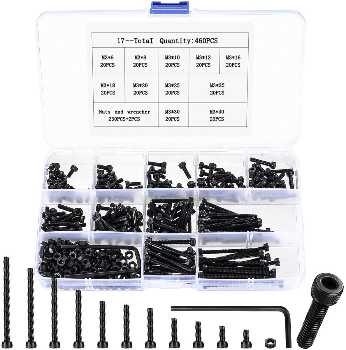 Schroevenset, 460 stuks cilinderschroeven, moersets, zwarte cilinderkopschroeven, zeskantschroeven, set en sluitringen, binnenzeskant schroeven met moeren, machineschroeven, assortiment