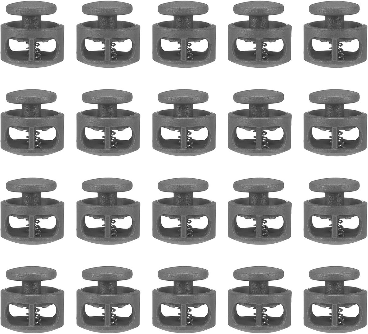 20 stuks kunststof koordstopper, dubbel gat, veer, knevelsluiting, clip, elastische sluiting voor trekkoord, paracord, tassen, kleding, handschoenen, snoervervanging, grijs