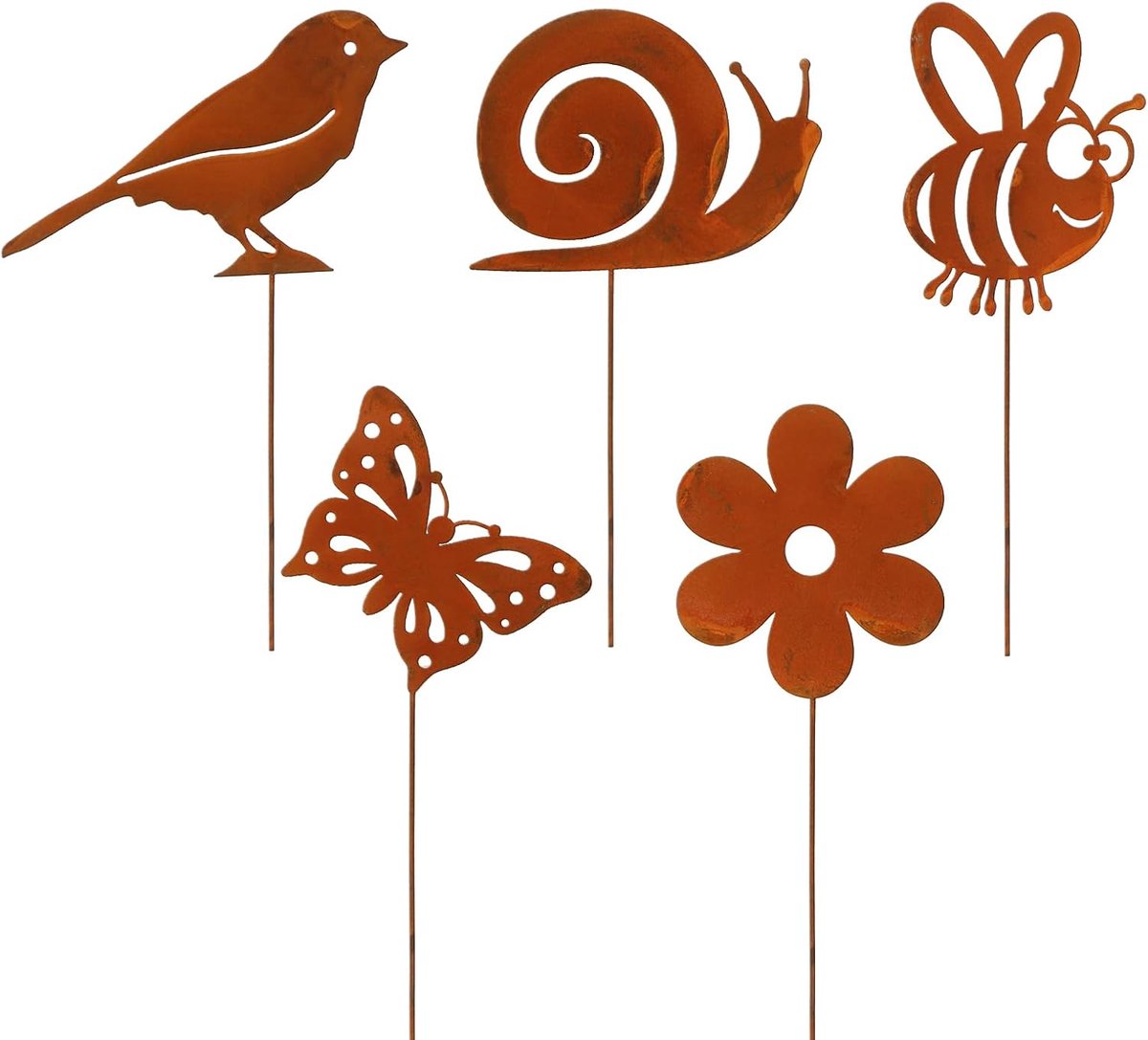 Tuindecoratie, roestdecoratie, 5 stuks, metaal, roestdecoratie, patina, decoratie voor tuin, terras, balkon, bloempot