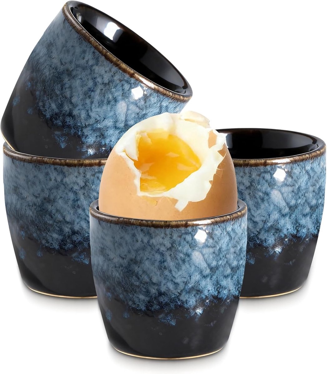 Eierbecher, 4-er Set Eierbecker Porcelain Vintage Blauw Design met kleurenverloop Eierstanden Eierhalter für alle Eiergrootten für gekookte Eieren Ontbijt Brunch Avondmaal Spülmaschinenfest