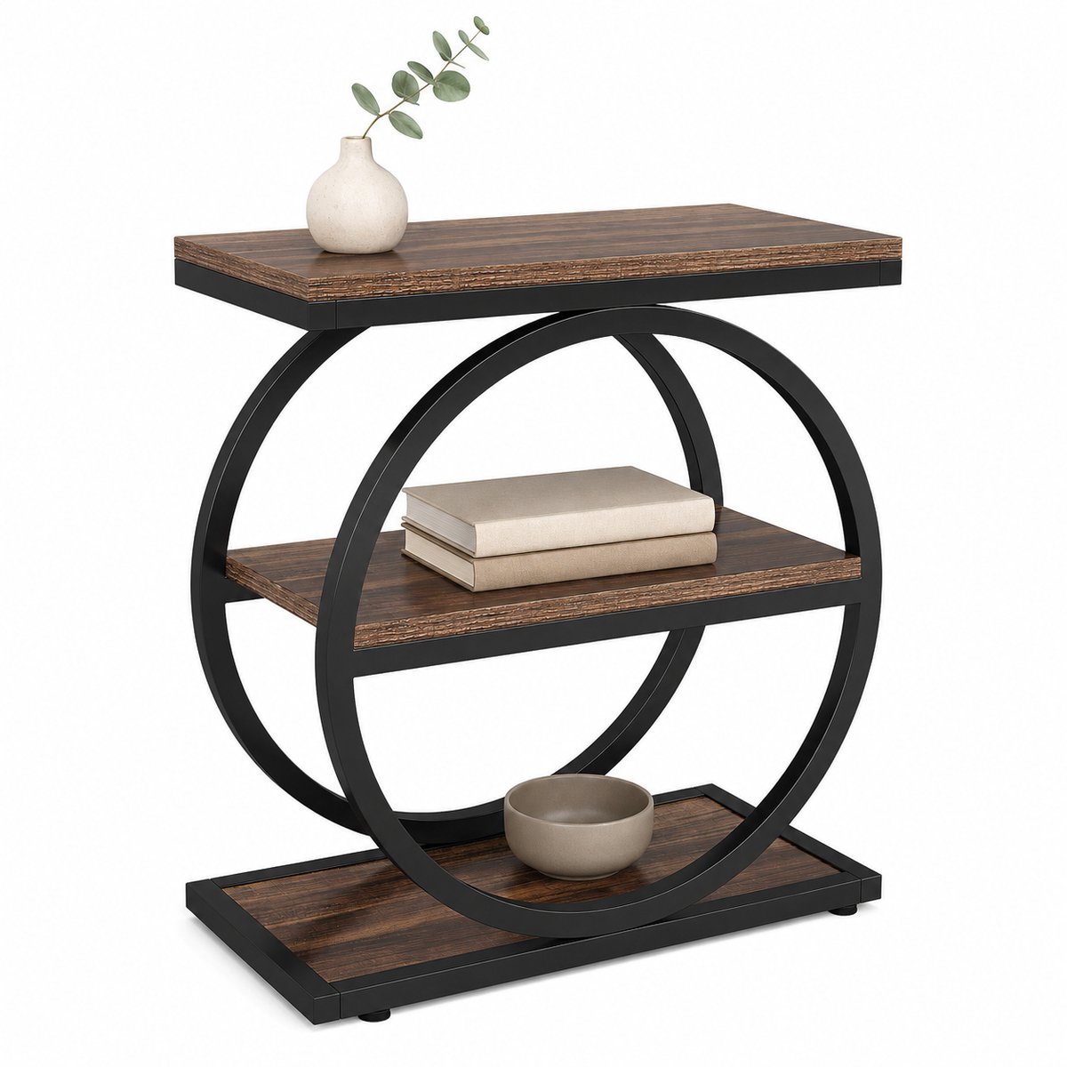 DMG Supply Bijzettafel met 3 Lagen - Smalle Zijtafel - Industrieel - Bruin/Zwart - 60 x 30 x 65 cm