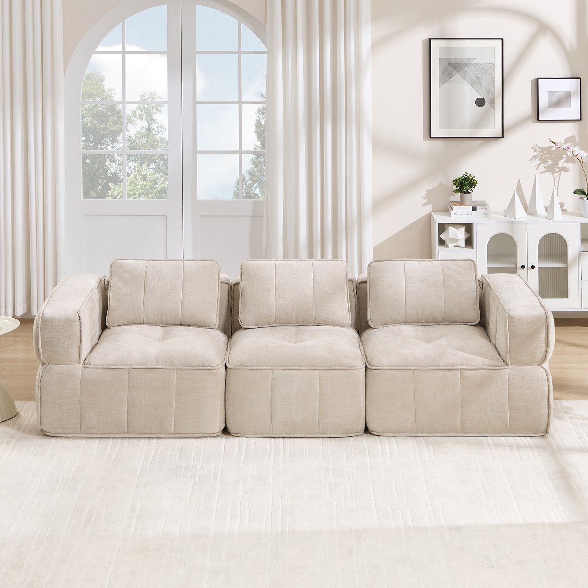 Pugsdrly Modulaire 3-zitsbank, ontwerp zonder steunen, 32D-schuim met hoge dichtheid, comfortabele stof, geschikt voor de woonkamer, antislipontwerp, geen montage nodig, beige.