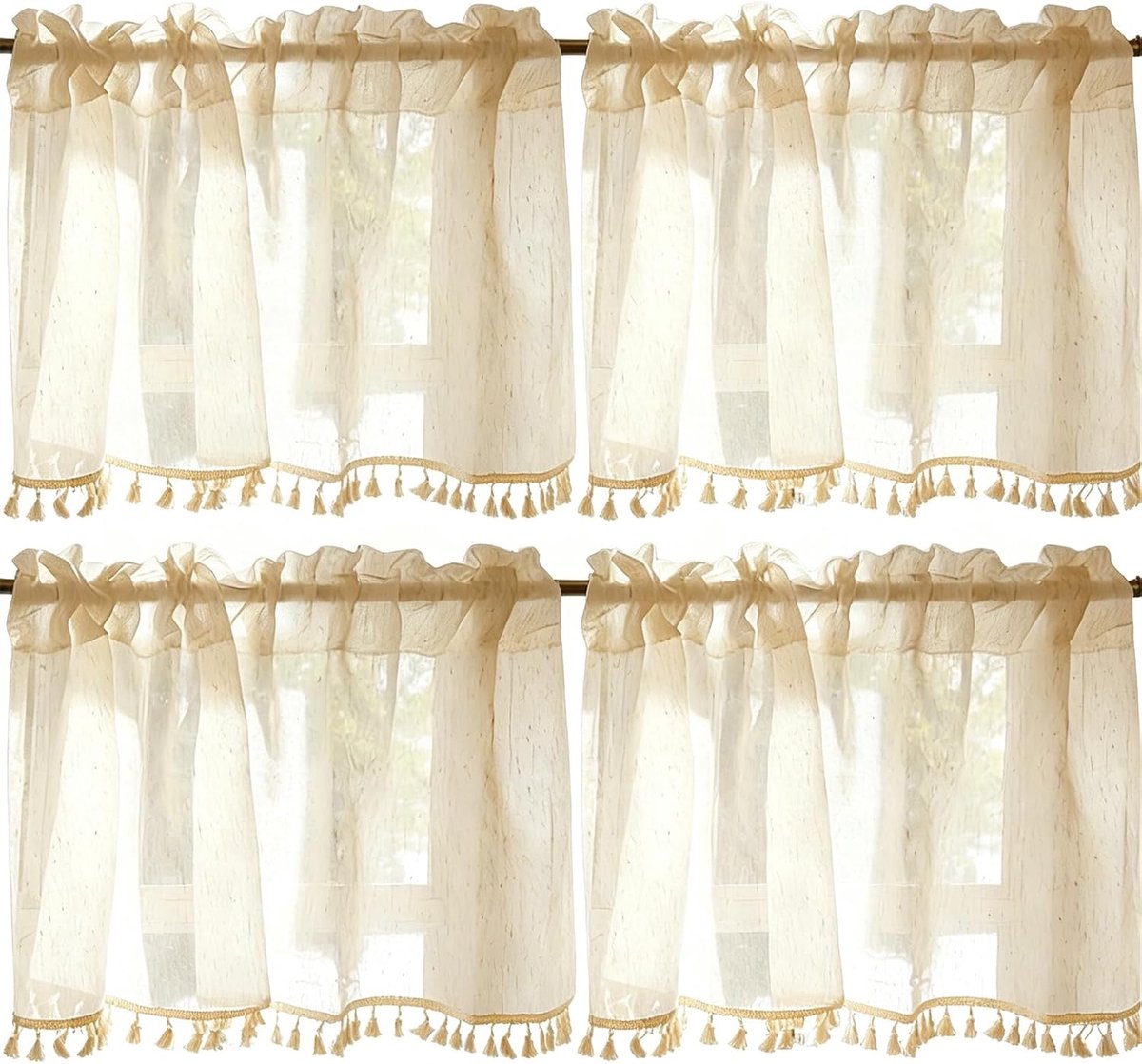 SnelShoppen - 2 stuks Boho beige vitrage 150 x 40 cm, vintage boho-gordijn met kwastjesdesign, Frans linnen, halftransparante gordijnen voor keuken, w