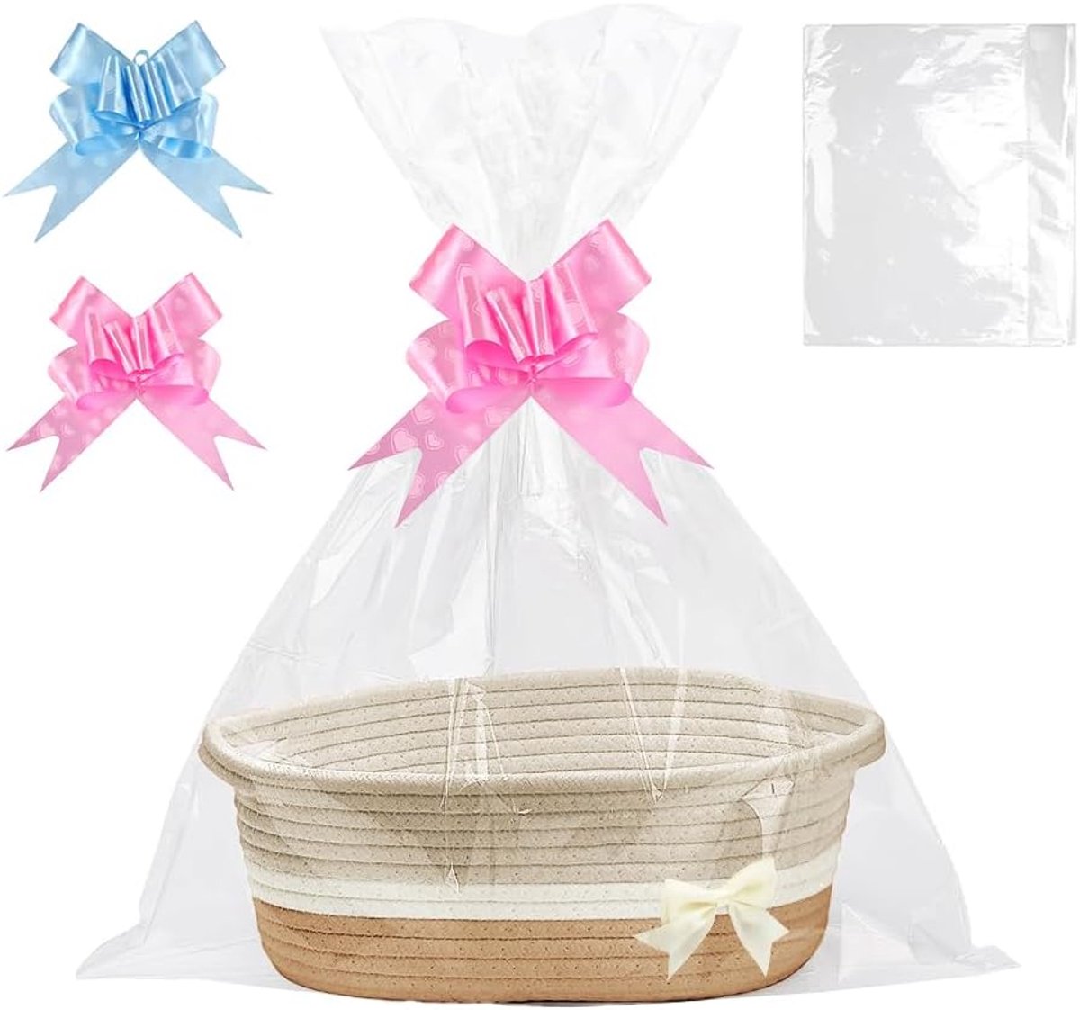 Cadeaumand, Geweven Cadeaumand met 2 Transparante Cadeautassen en 2 Cadeaustrikken, Lege Cadeaumand voor Babyshowers, Verjaardagen, Bruiloften, Thanksgiving, Kerstmis