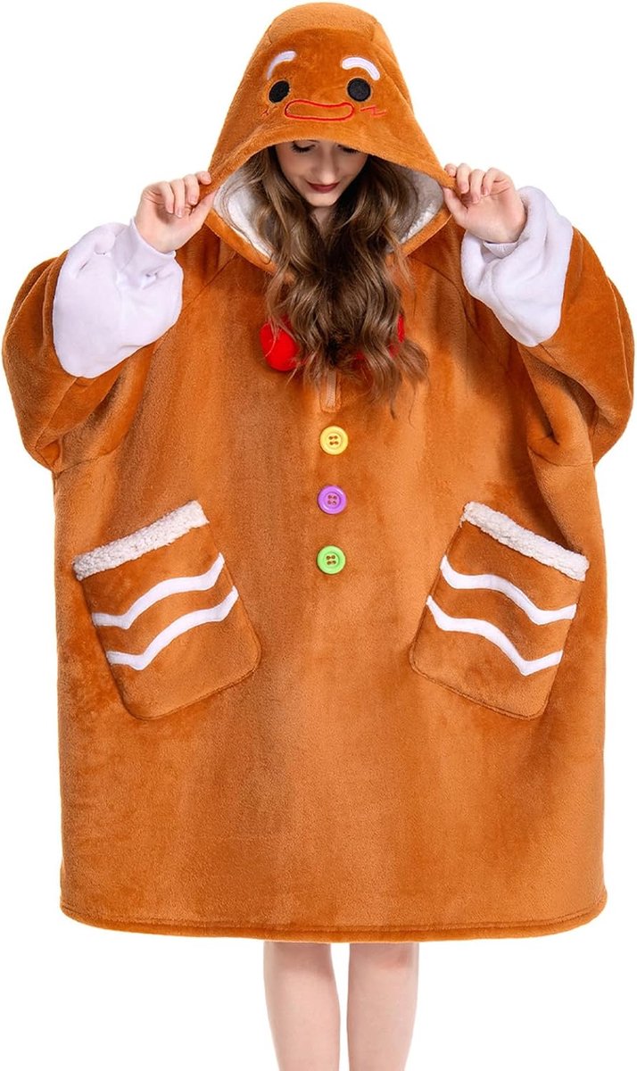 Peperkoek Overmaat Hoodie Deken voor Volwassenen, Sherpa Fleece Draagbare Deken met Mouwen & Zakken, Zacht Warm Knus Deken Met Capuchon, Donszacht Dekentrui voor Vrouwen Mannen