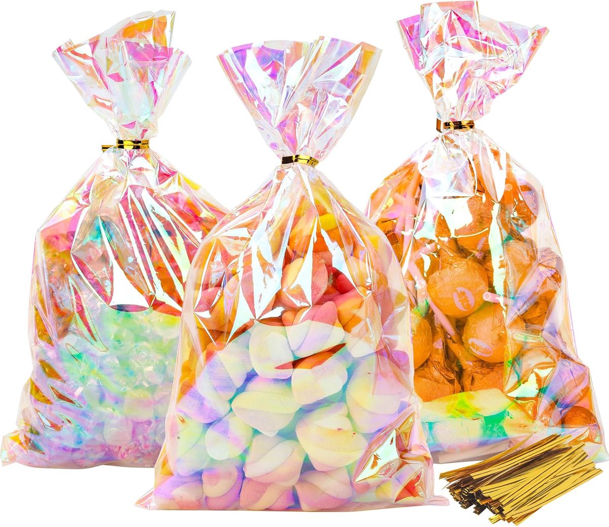 100 stuks plastic cellofaanzakjes, koekjeszakjes, transparant, kleurrijk, met metalen bindband, snoepzakjes voor bruiloft, verjaardag, feest, gastgeschenk (15 x 25,5 cm)