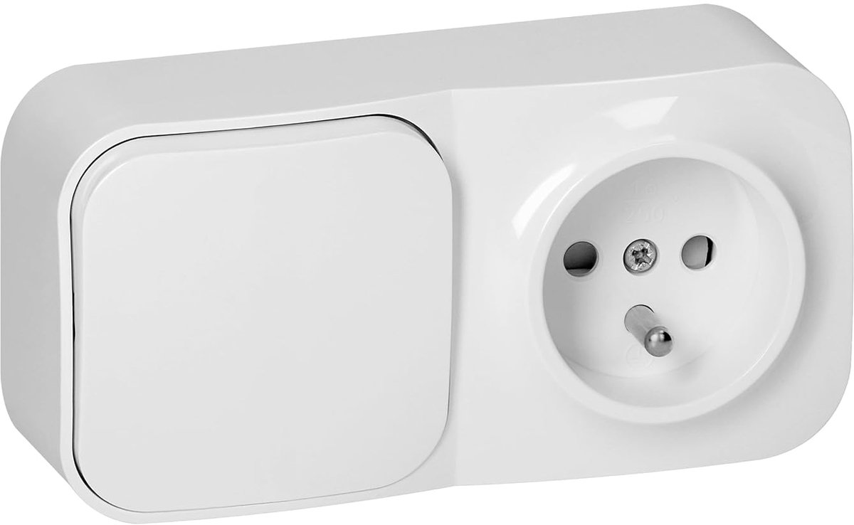 Opbouw - Eenpolige Schakelaar met Stopcontact - Opbouwmontage - IP20 - Franse Norm 230 V / 16 A Type E (Wit)