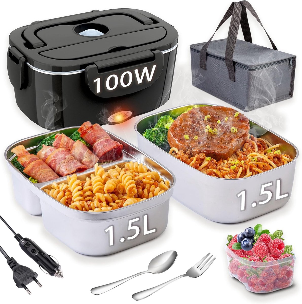 Elektrische lunchbox, 100 W, elektrisch, 12 V/24 V/230 V, 1,5 l x 2 stuks, voor thuis, camping en kantoor, met bestek en grijze tas