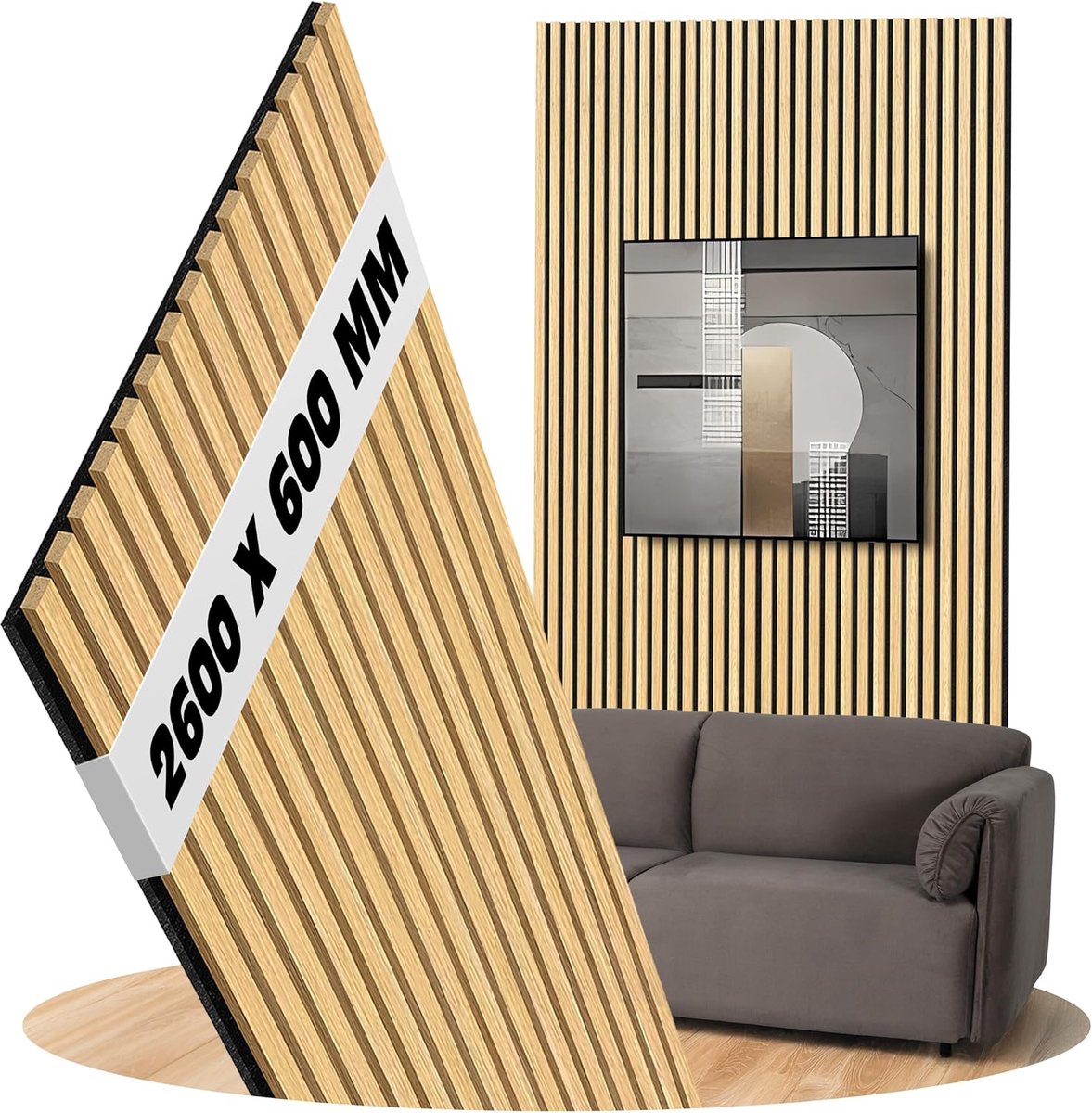 panelen Eiken natuurlijk helder wandpanelen Vilt zwart, Oppervlak: Echt hout Formaat: 2600 x 600 mm - Akoestische panelen als wandbekleding van hout (Eiken natuurlijk helder)