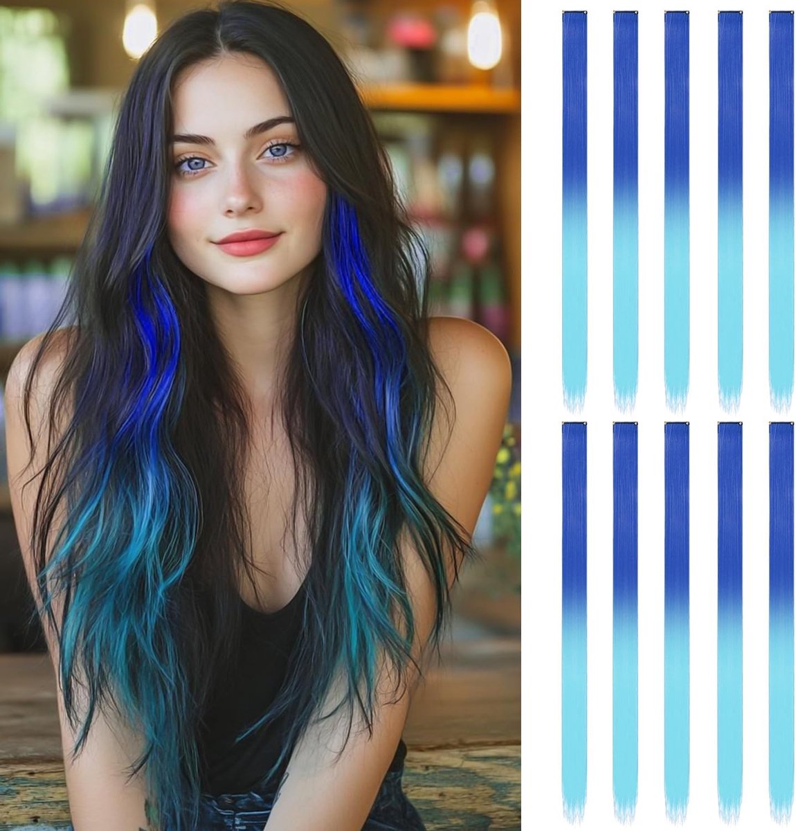 10 haarextensions | 56 cm lang, steil nep haar | Clip-in haarextensions | Haaraccessoires voor meisjes (meerblauw-lichtblauw verloop)