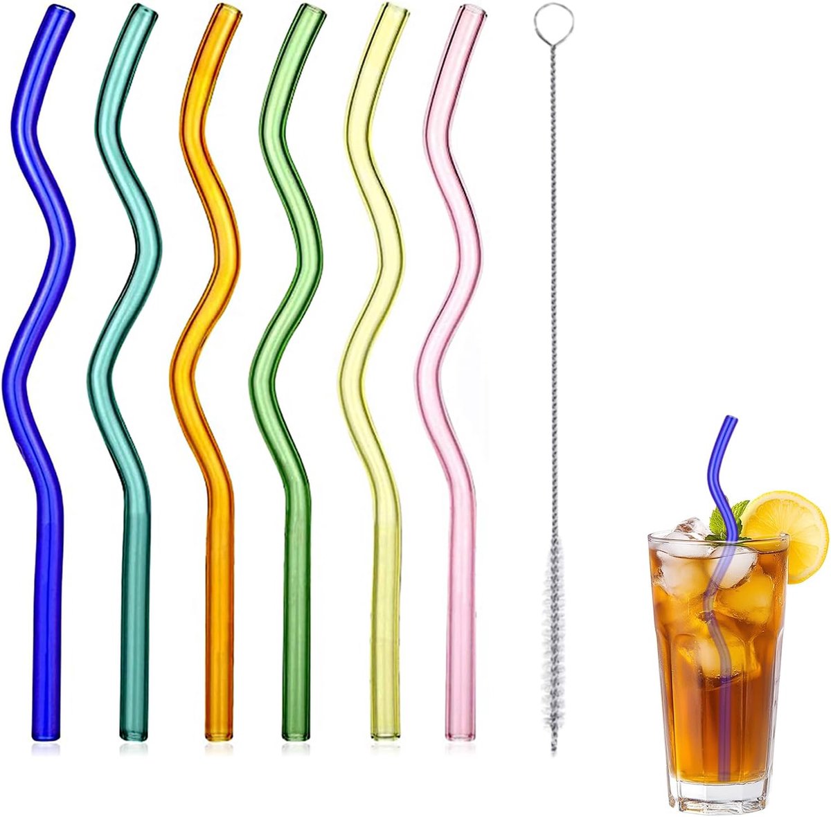 Rietjes, 6-delige set, herbruikbare glazen rietjes met reinigingsborstel, 8 x 200 mm, transparante golfvormrietjes voor bubbelthee, ijsthee, koffie, smoothies, cocktails en milkshakes