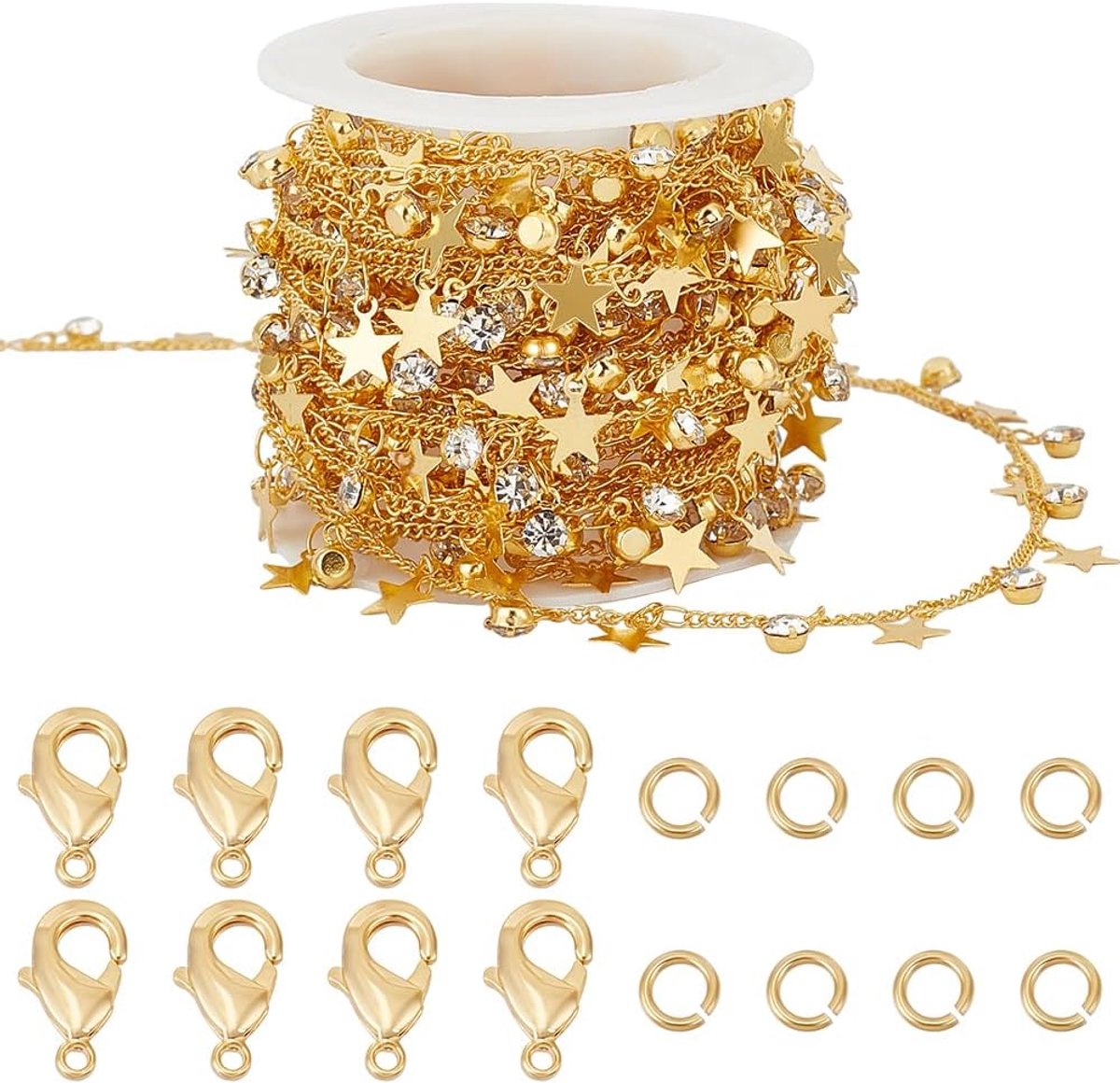 1 rol 16,4 voet/5 m Cubic Zirconia Star Link Chain 18K vergulde kabel ketting spoel met 30 stuks springringen 10 stuks kreeft klauw sluitingen voor vrouwen armband ketting enkelband