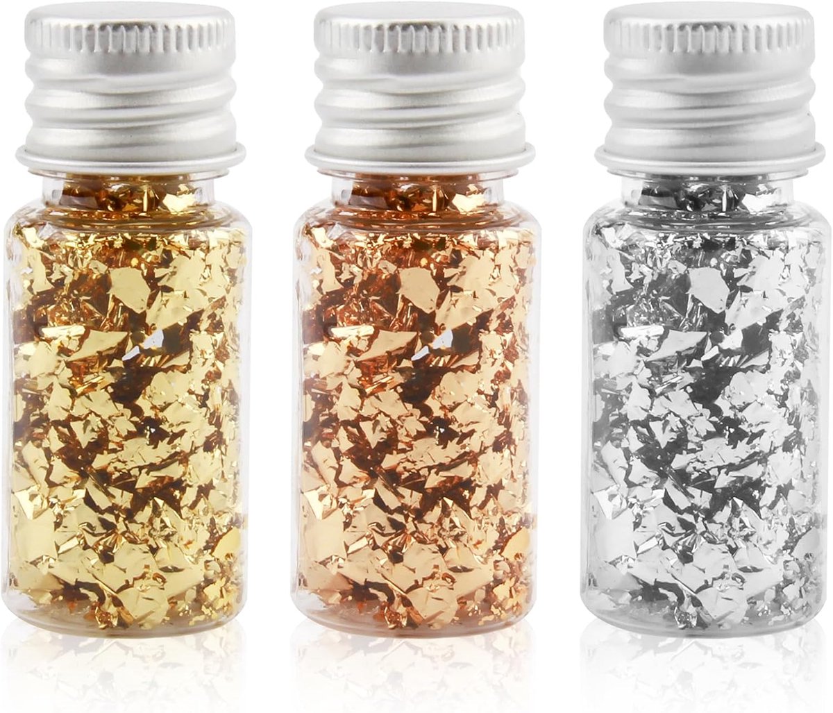 Set van drie flessen metalen bladvlokken voor vergulden, kleuren goud, zilver en roségoud, ideaal voor handwerk, decoratie en sieraden van hars