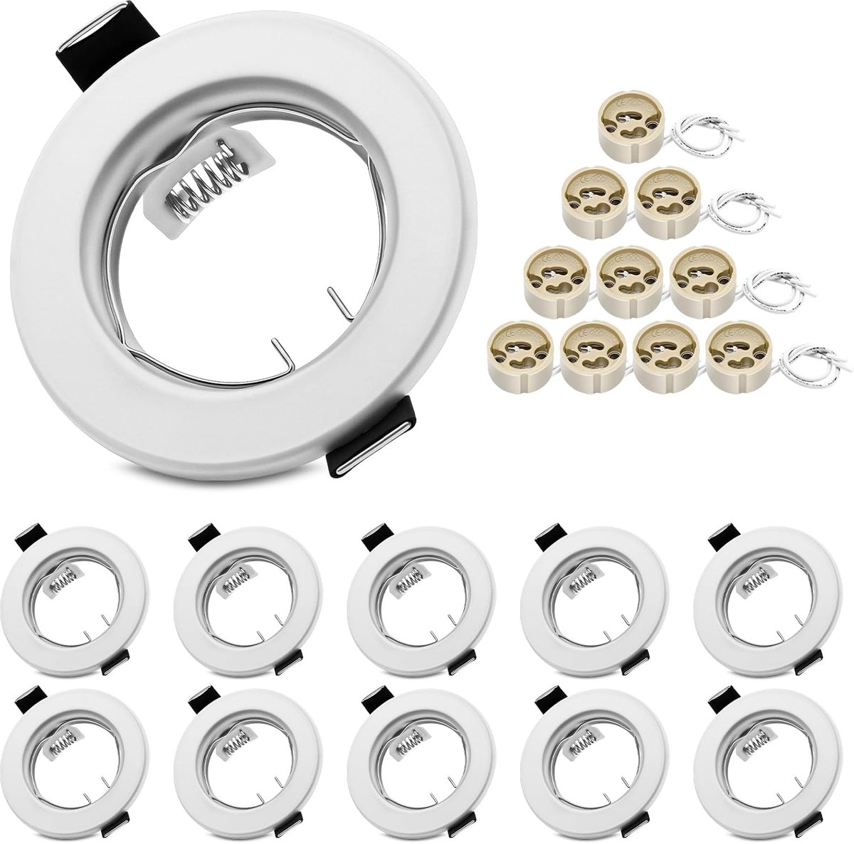 Set van 10 ronde inbouwspots GU10 - Mat wit inbouwframe met fitting, geschikt voor boorgaten Ø55-70mm. Ideaal voor LED- en halogeenlampen. Eenvoudige installatie en moderne uitstraling.