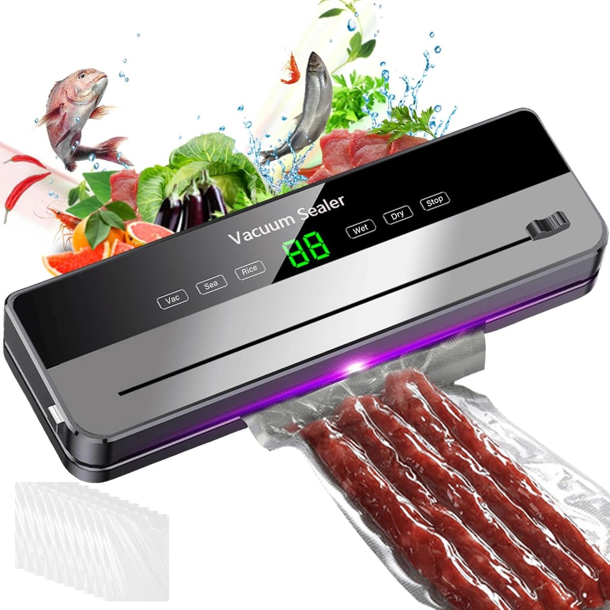 5-in-1 vacuümapparaat, levensmiddelen-vacuümapparaat met 10 stuks 20 x 30 cm vacuümzakken, 65 kpa afneembaar folielasapparaat met led-display en cutter voor droge en vochtige levensmiddelen (grijs)